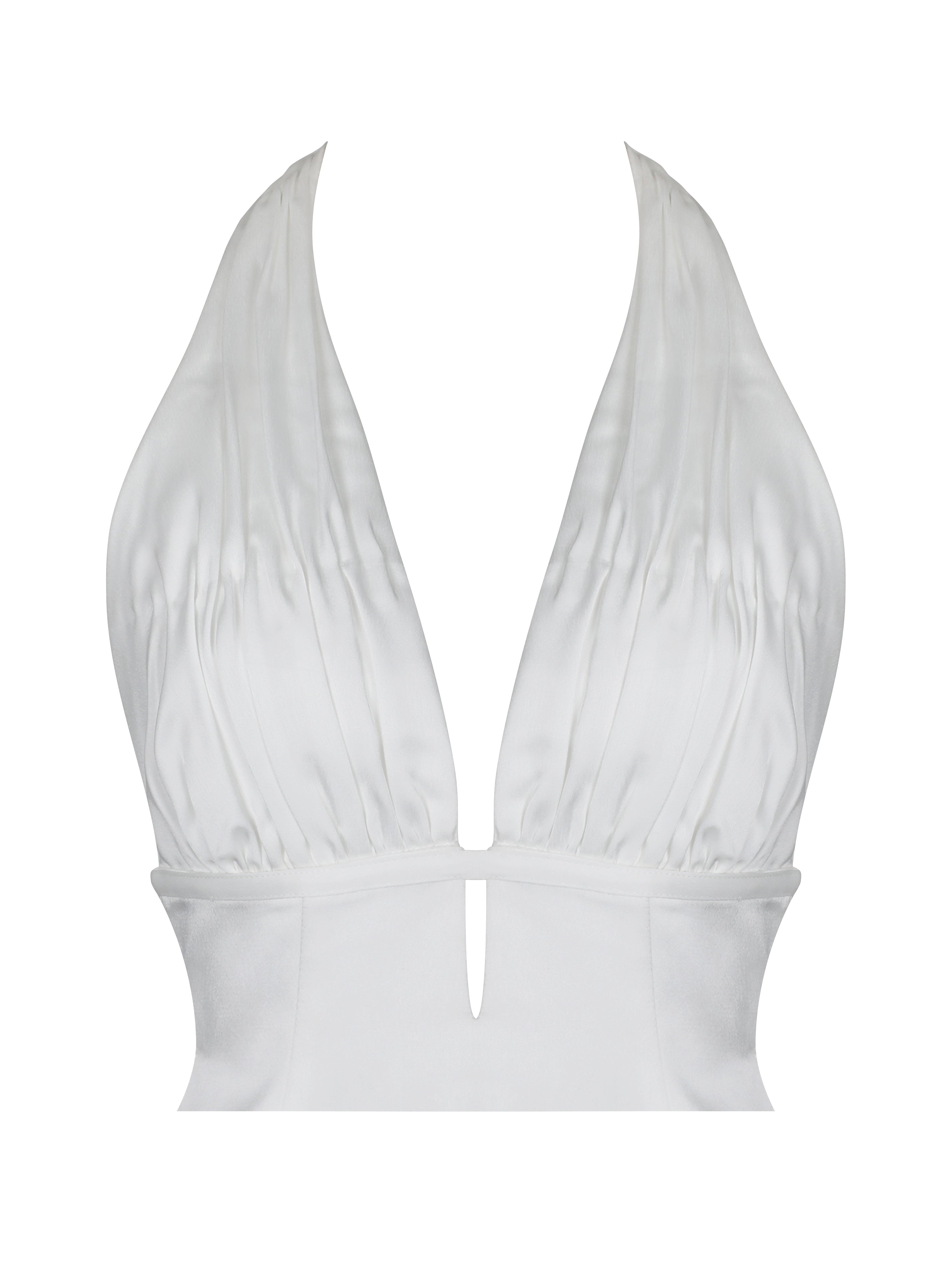 Solene Pleated Halter Backless Feather-Trim Maxi Dress