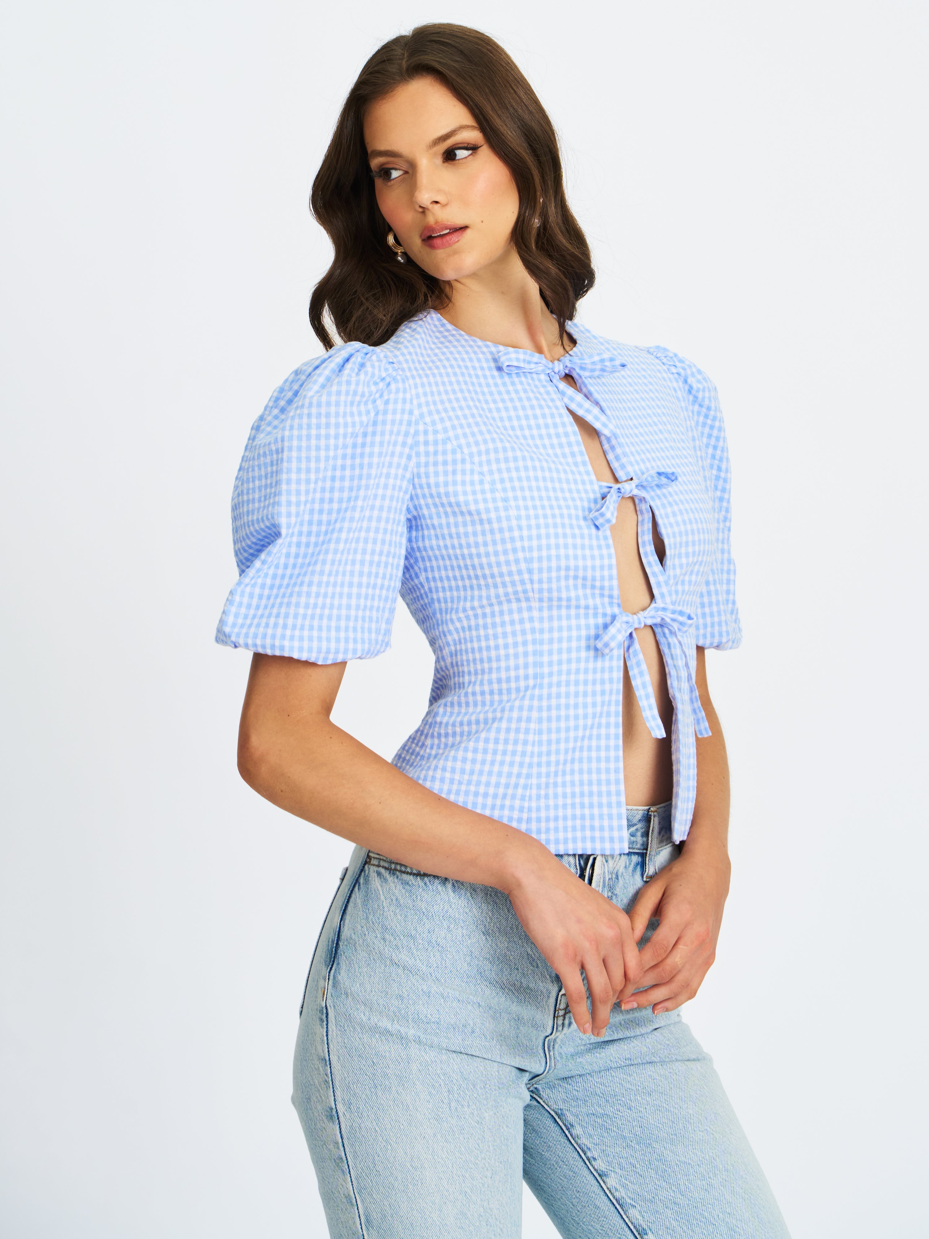 Qusayla Baby Blue Gingham Bubble Sleeve Bowtie Top