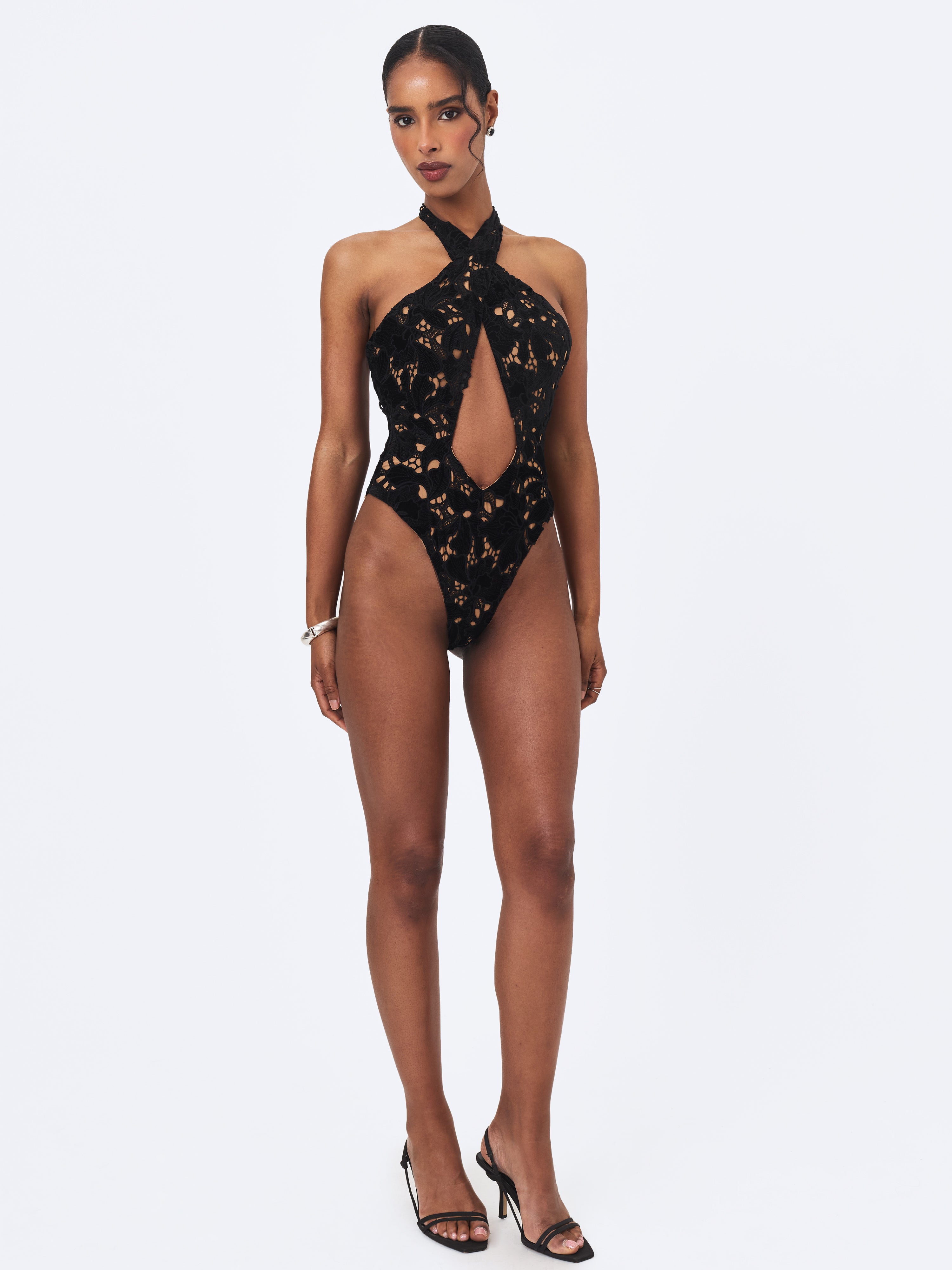 Breanna Black Velvet Lace Crossover Halter Swimsuit