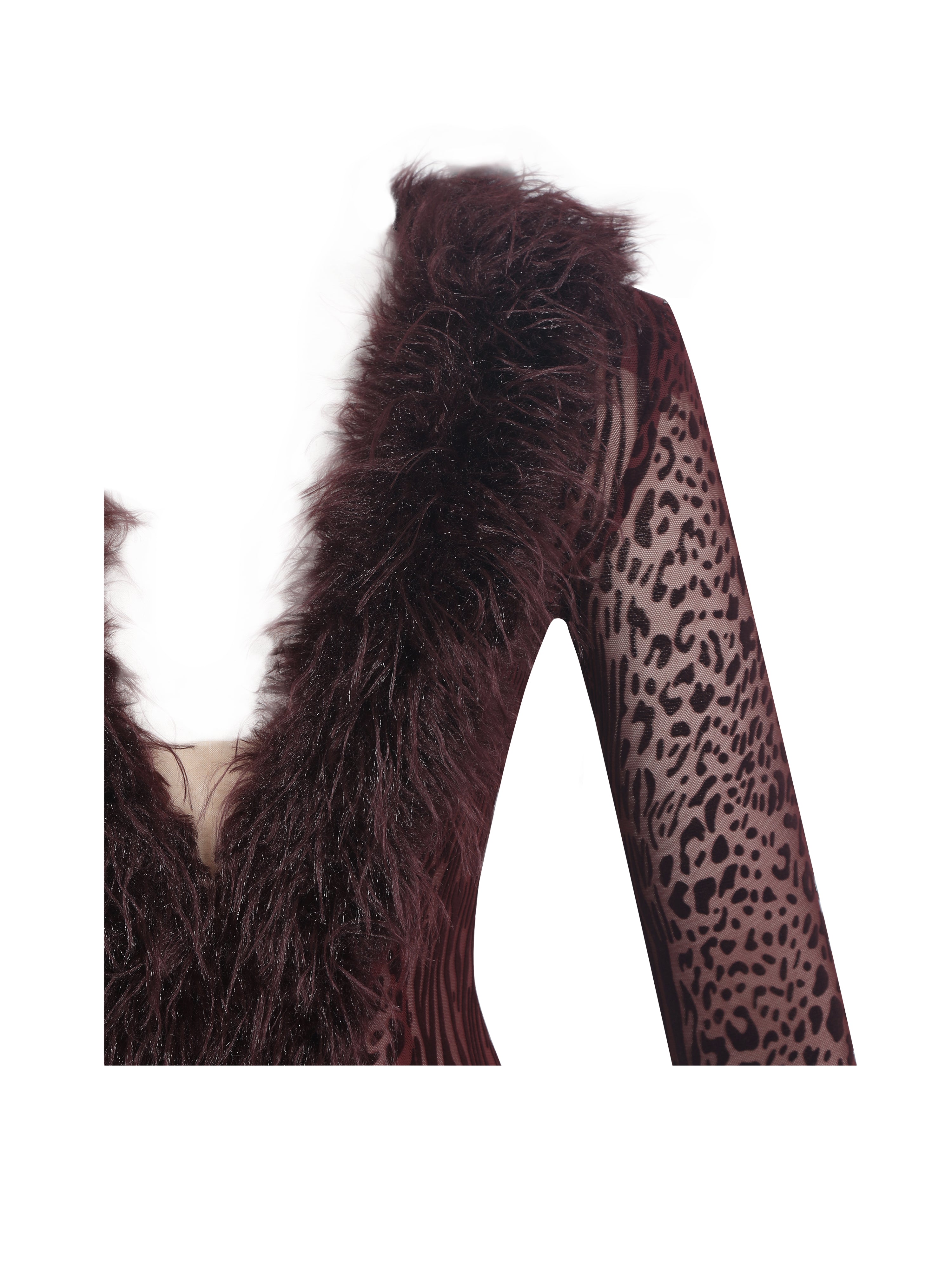 Valene Burgundy Burnout Velvet Fur-Trim Bodysuit