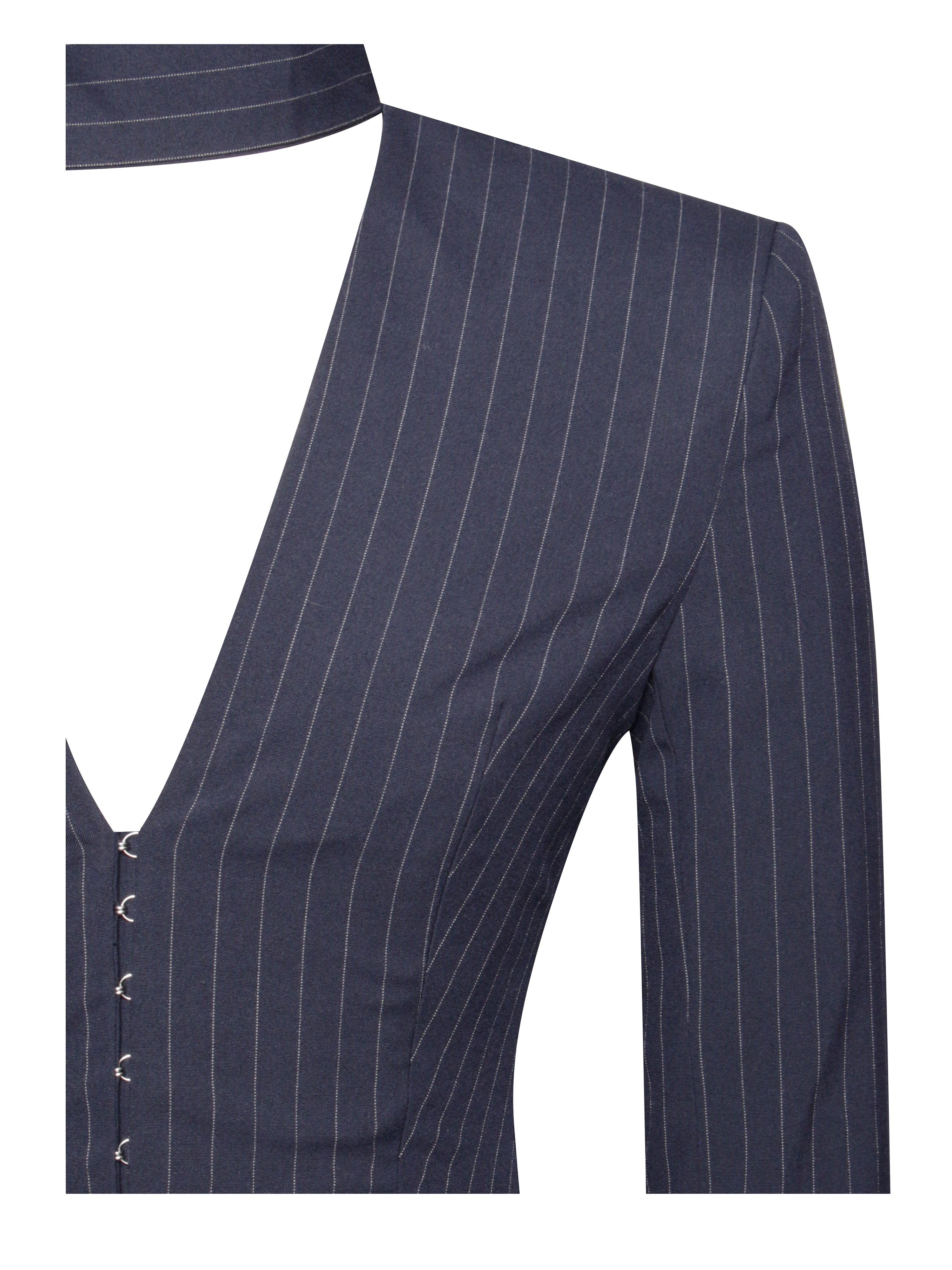 Tahlia Deep V Pinstripes Navy Blue Blazer Dress with scarf collar