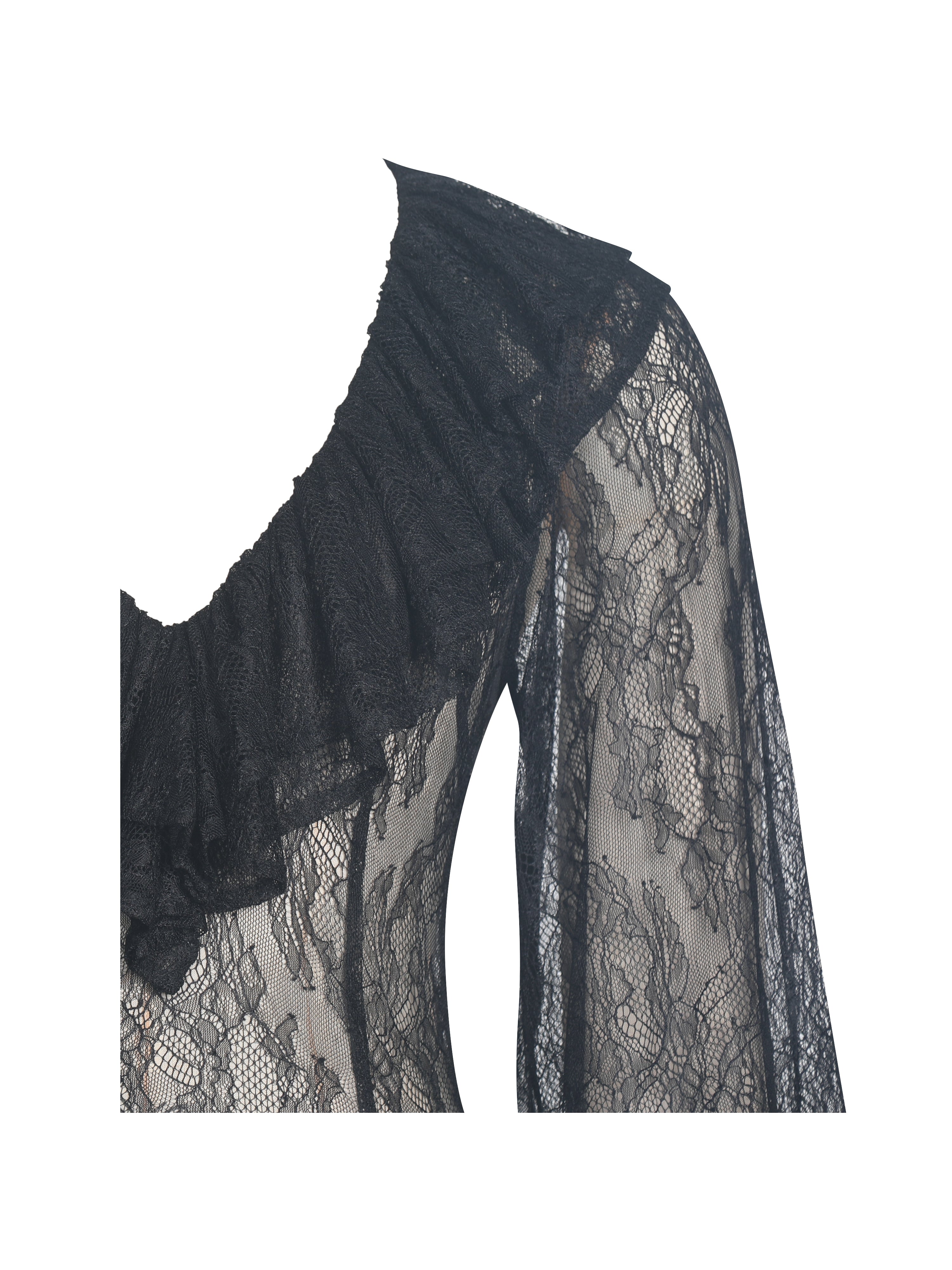 Taliah Black Sheer Lace Ruffled Collar Bodysuit