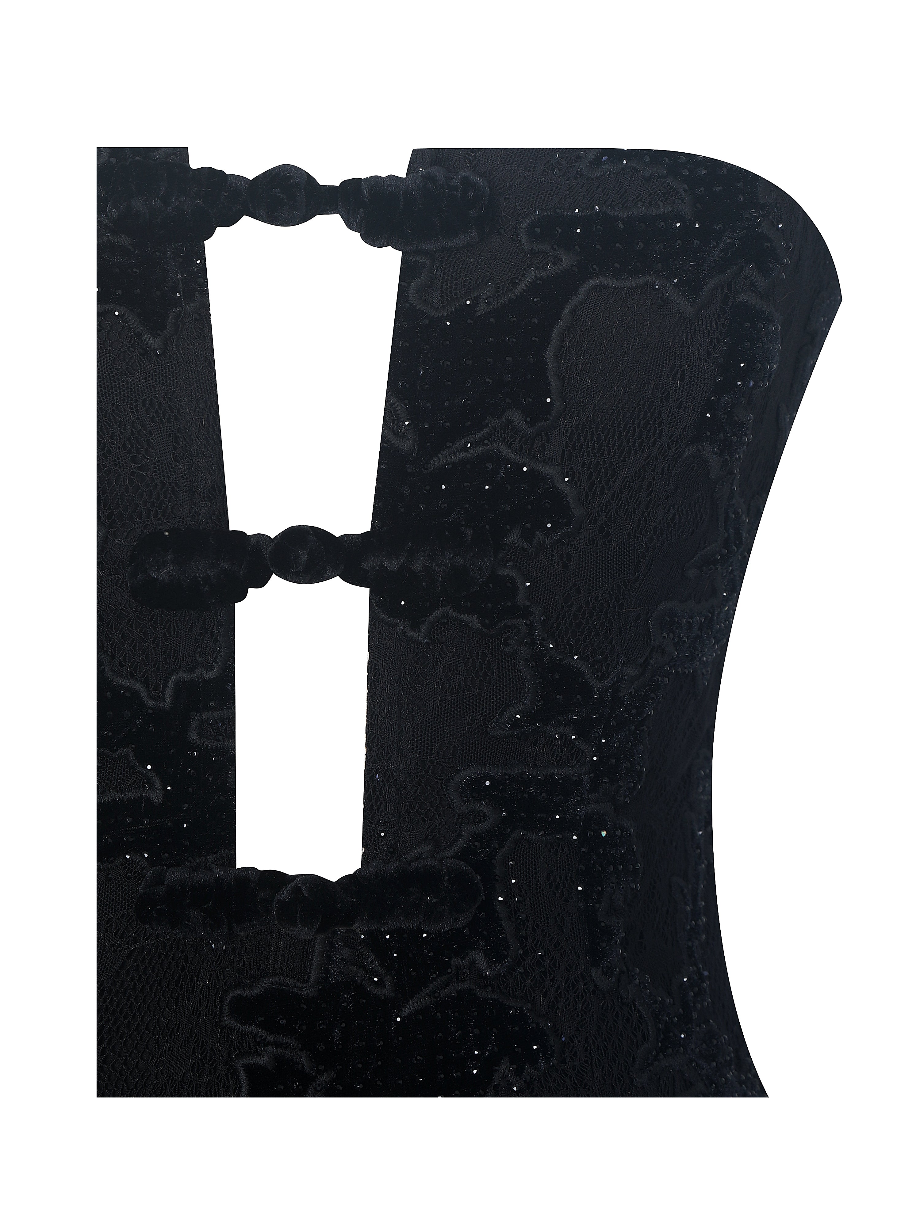 Yoseline Black Velvet Lace Cutout Asymmetrical Satin Midi Dress