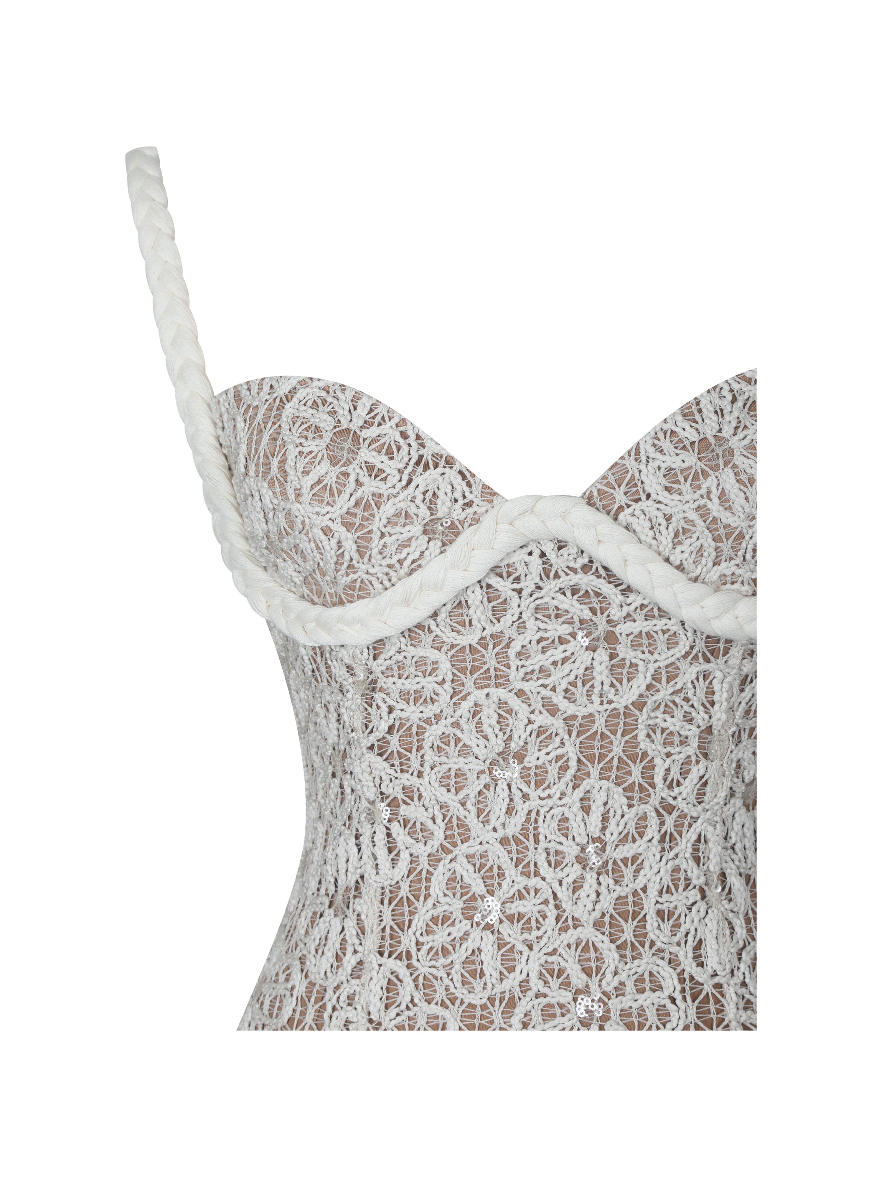 Taliyah Cream Braided-Strap Chunky Lace Mini Dress