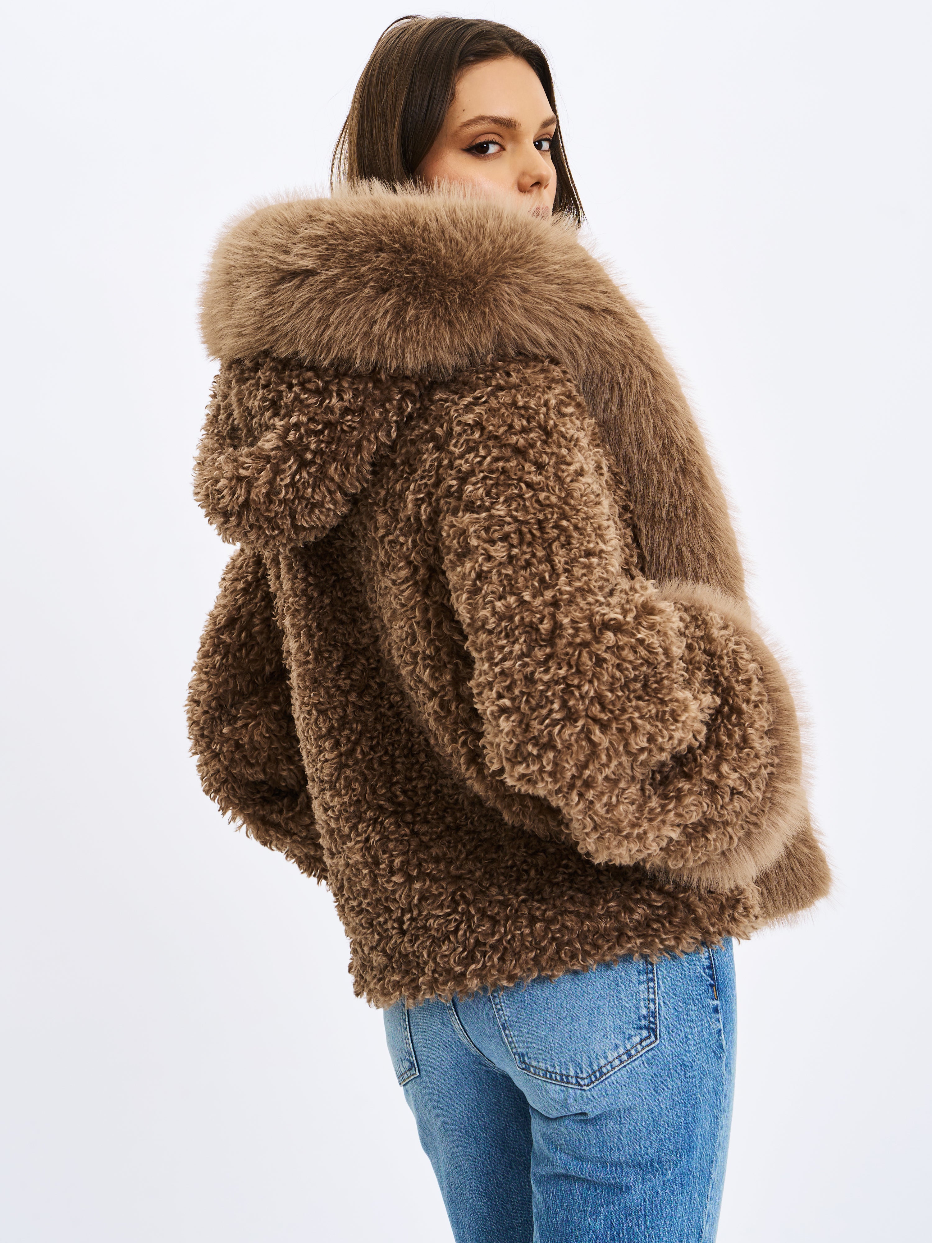 Jumbo Kali Camel Vegan Shearling Fur Trimmed Coat