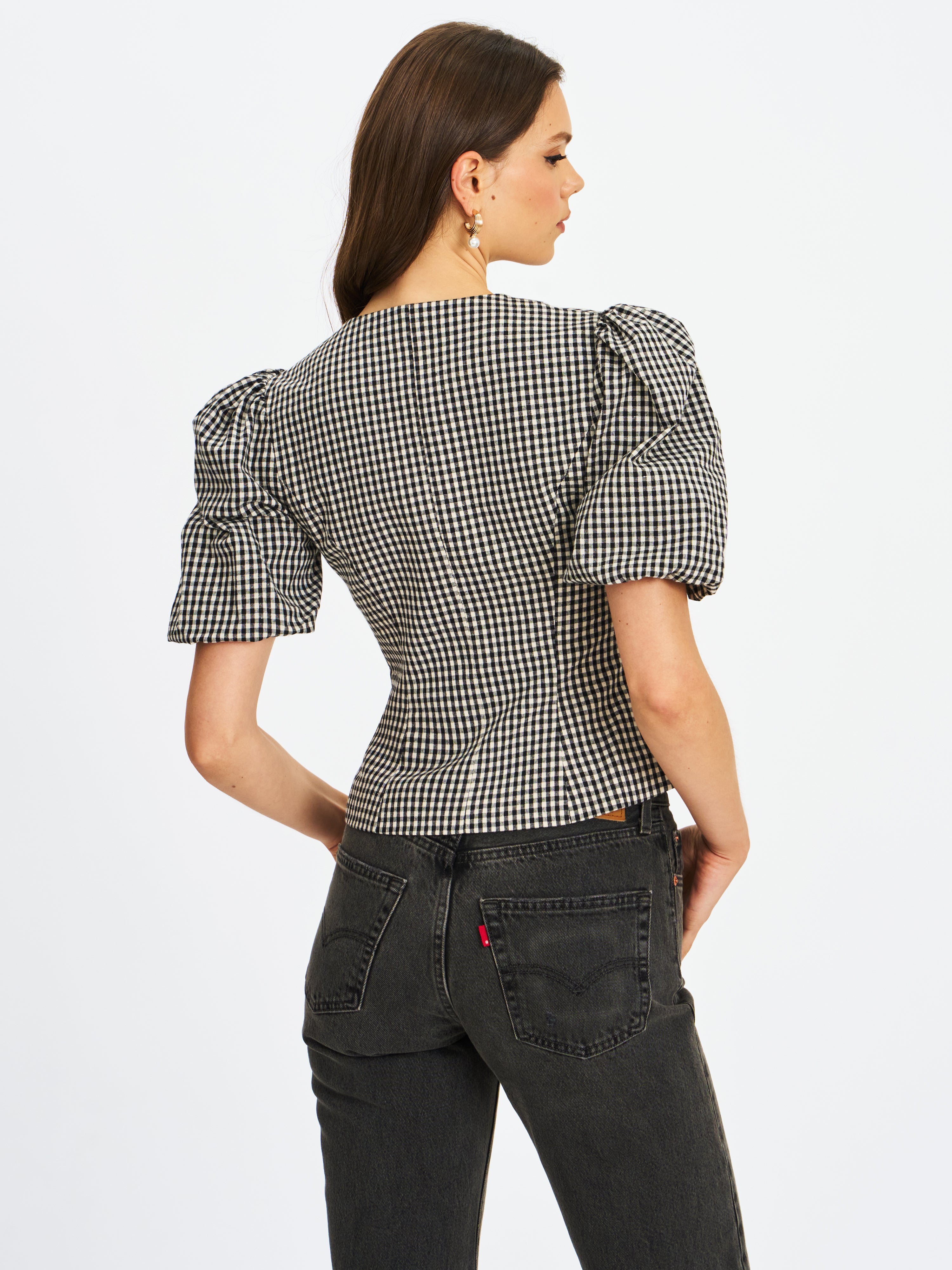 Qusayla Black Gingham Bubble Sleeve Bowtie Top