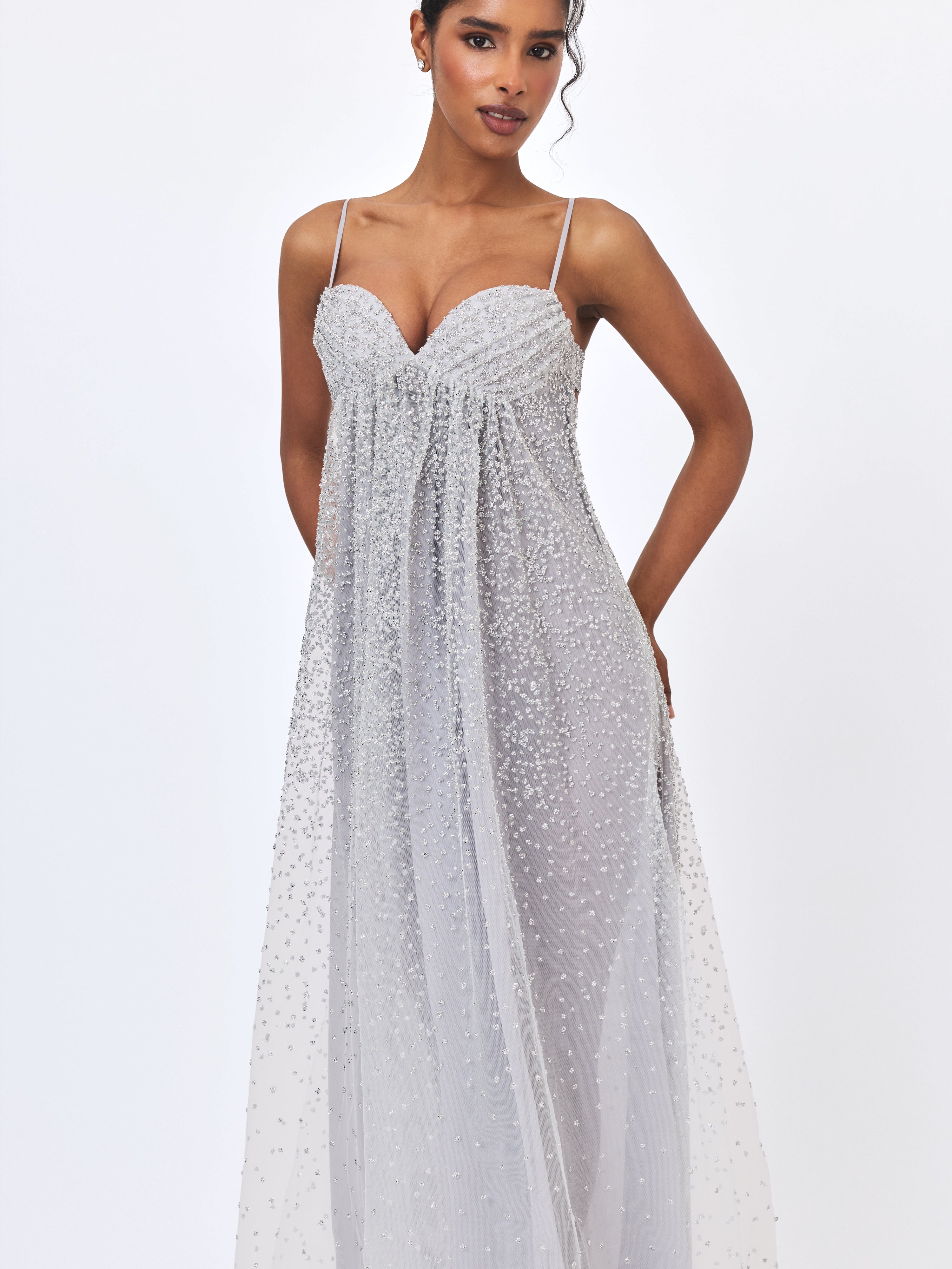 Wallie Silver Rhinestone Embellished Mesh Backless Gown
