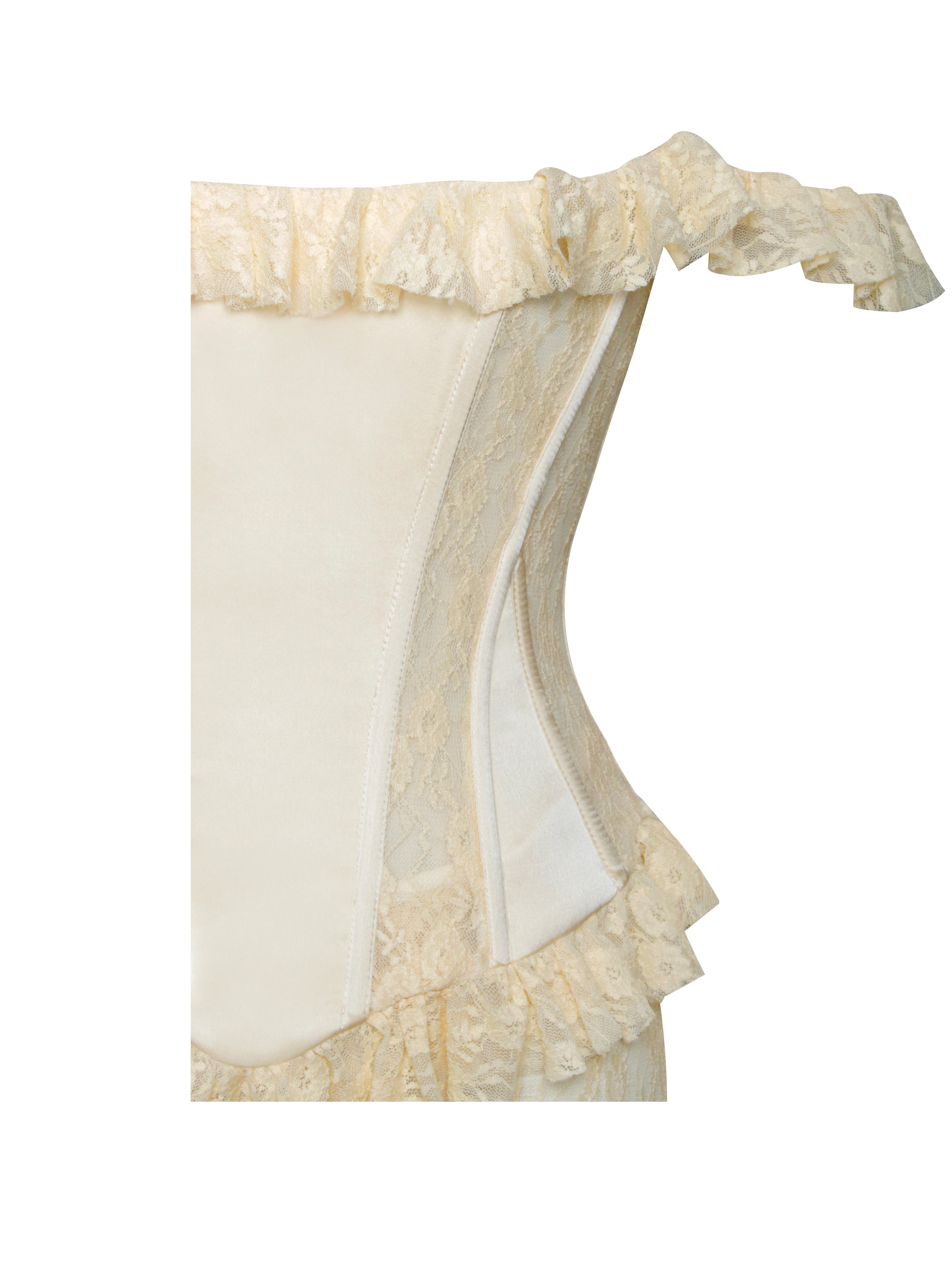 Ersilia Pale Yellow Satin Lace Peplum Corset Off Shoulder Maxi Dress