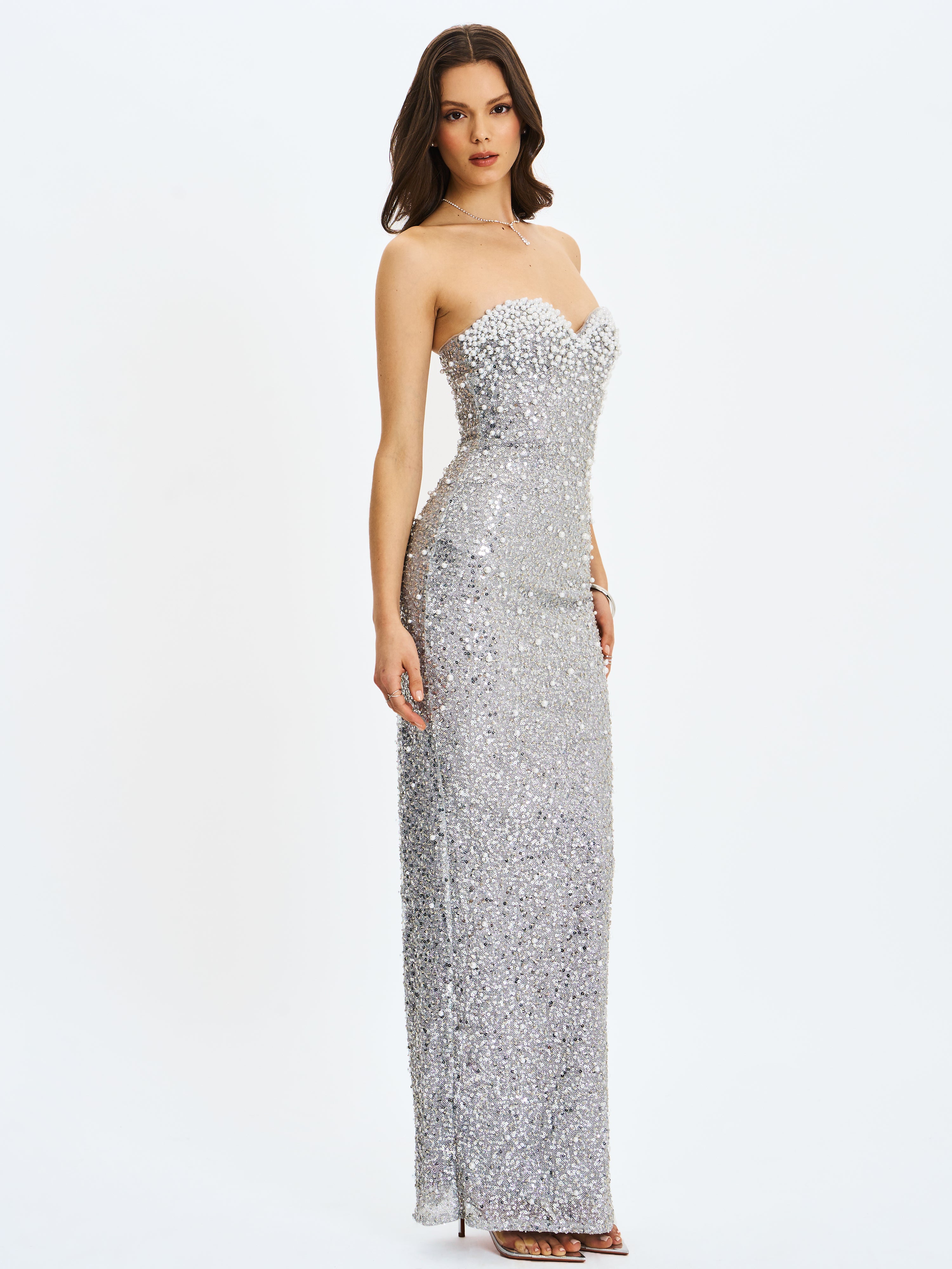 Noelle Silver Sequin Pearl-Embellished Sweetheart Maxi Dress