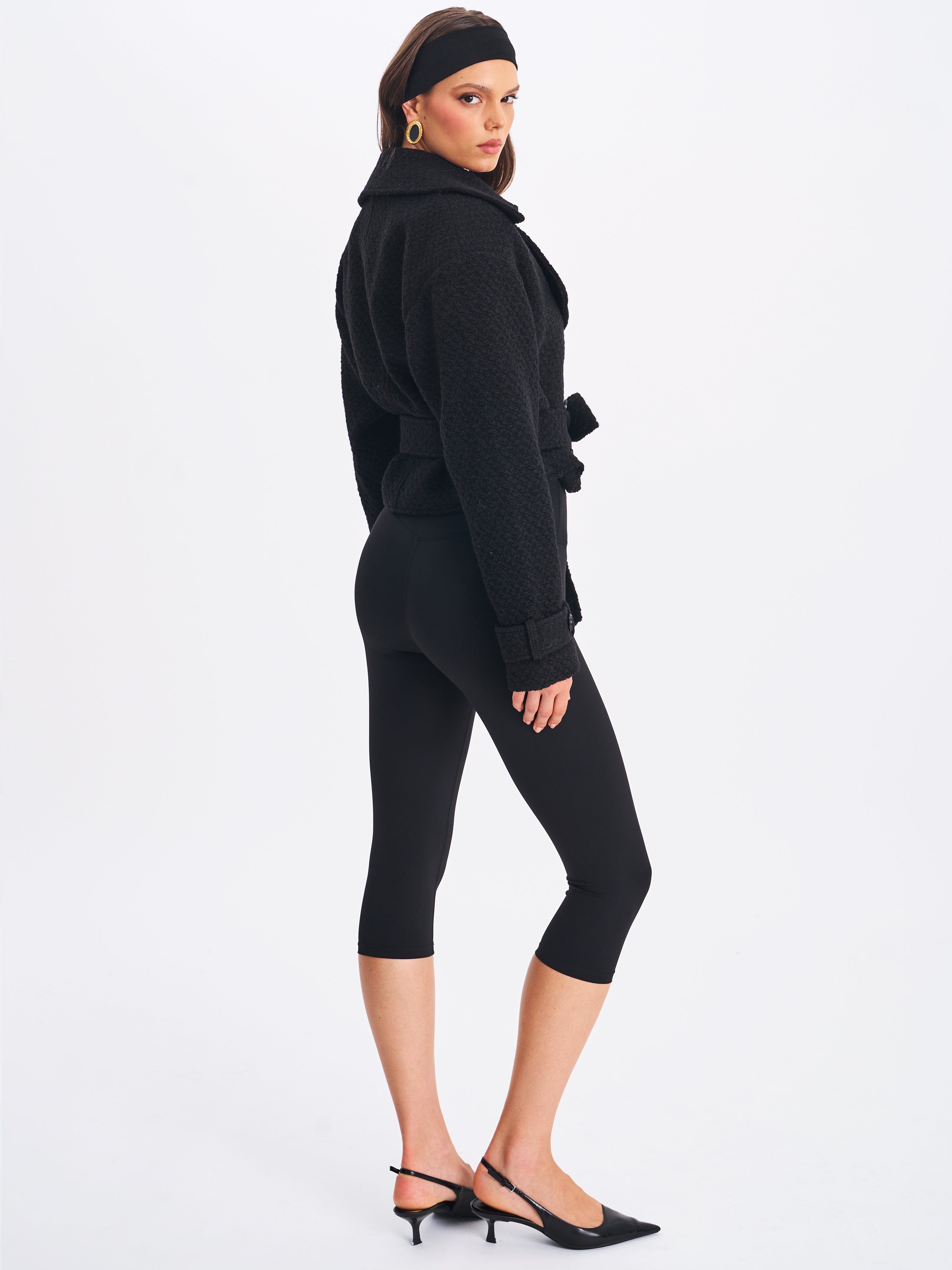 Dara Black Wool Blend Cropped Double-Breasted Belted Coat