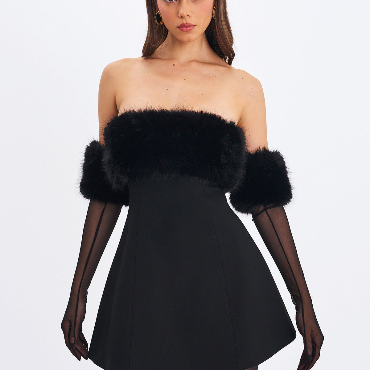 Evelyn Black Fur-Trimmed Mini A-Line Dress