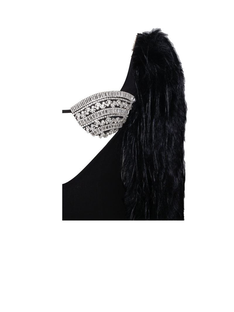 Idonea Black Faux Fur Sleeve Crystal Bustier Dress
