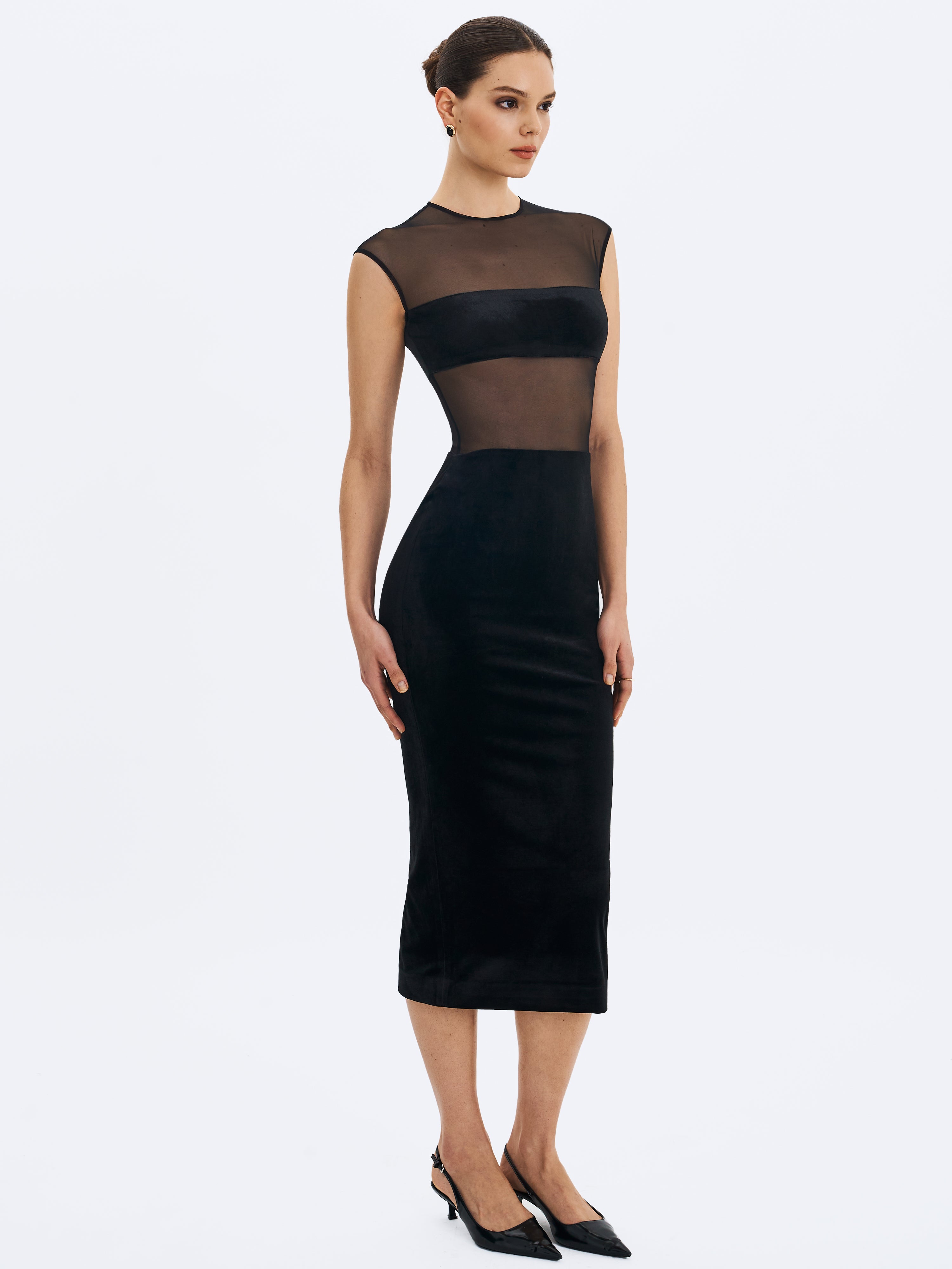 Quielle Black Mesh and Velvet Midi Bodycon Dress