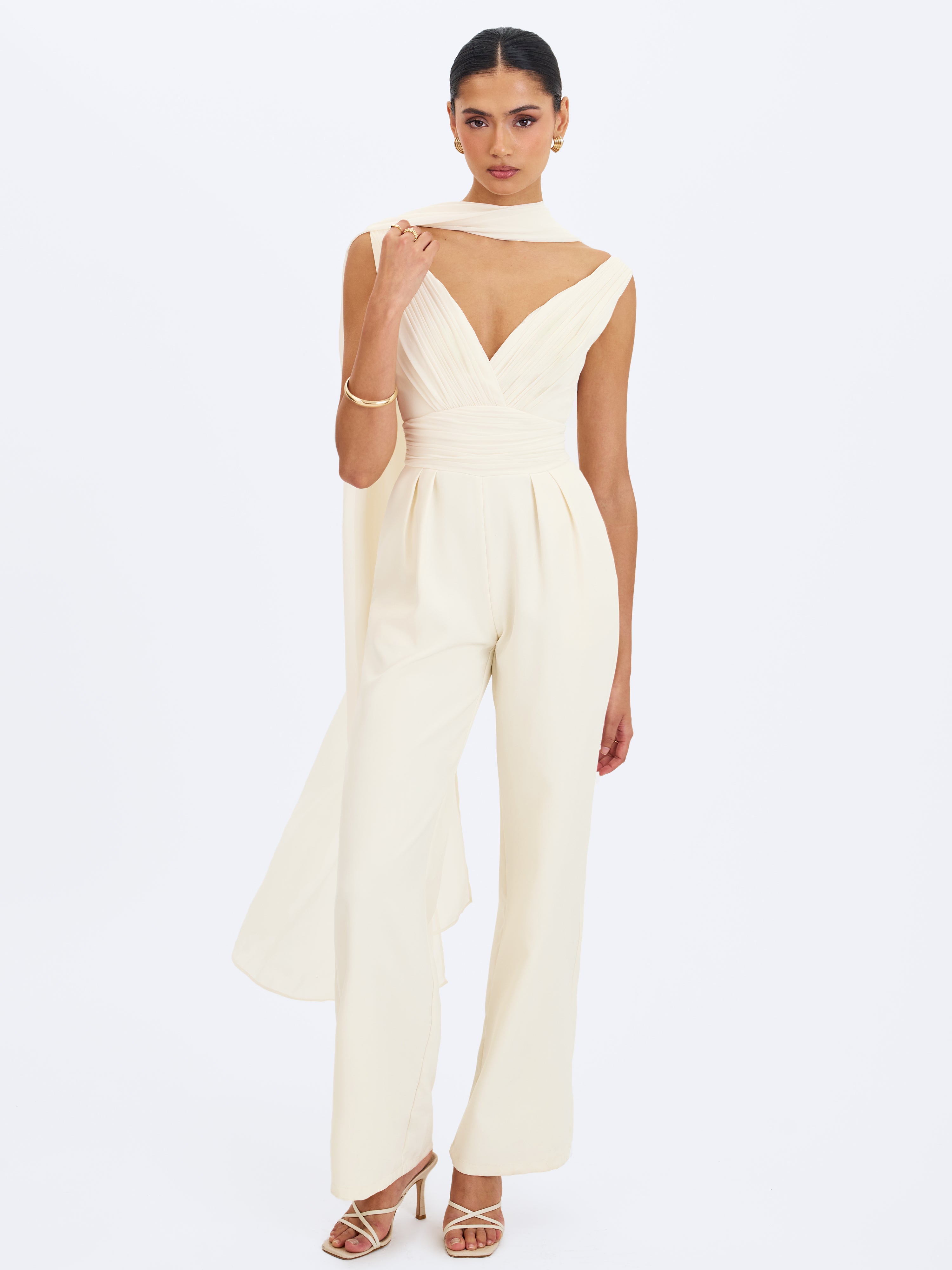 Harper Ivory Ruched V-Neck Jumpsuit with Scarf