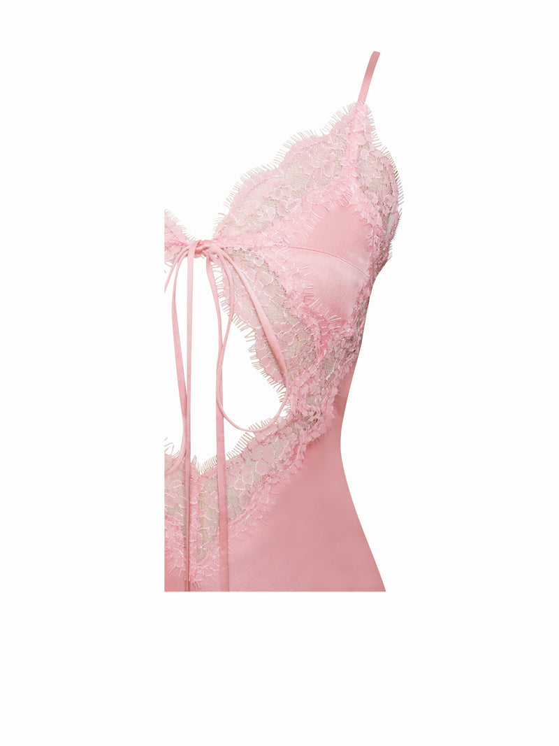 Zinnia Salmon Pink Satin Lace Maxi Dress