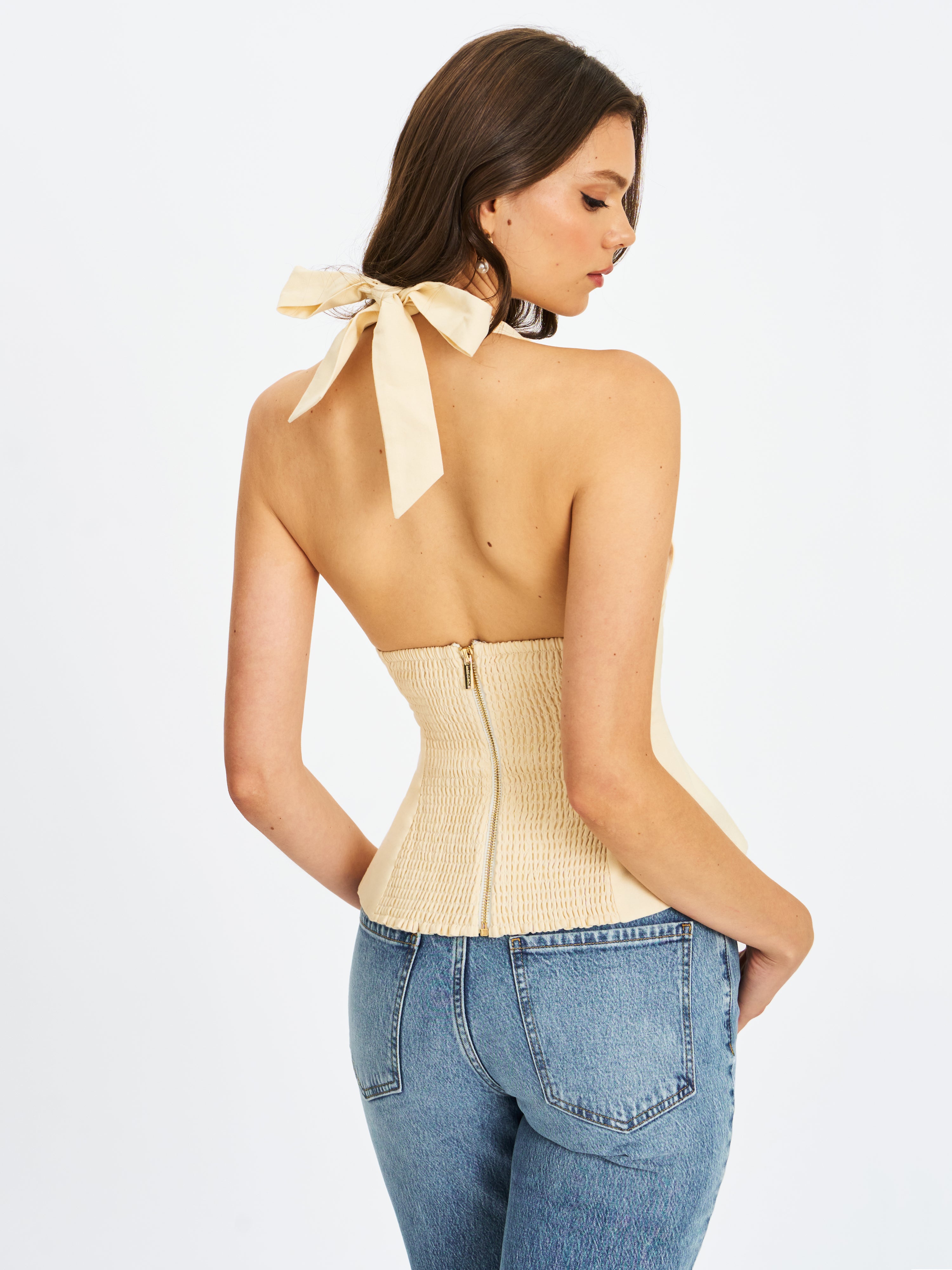 Quinzella Butter Yellow Linen Plunging Halter Neck Top