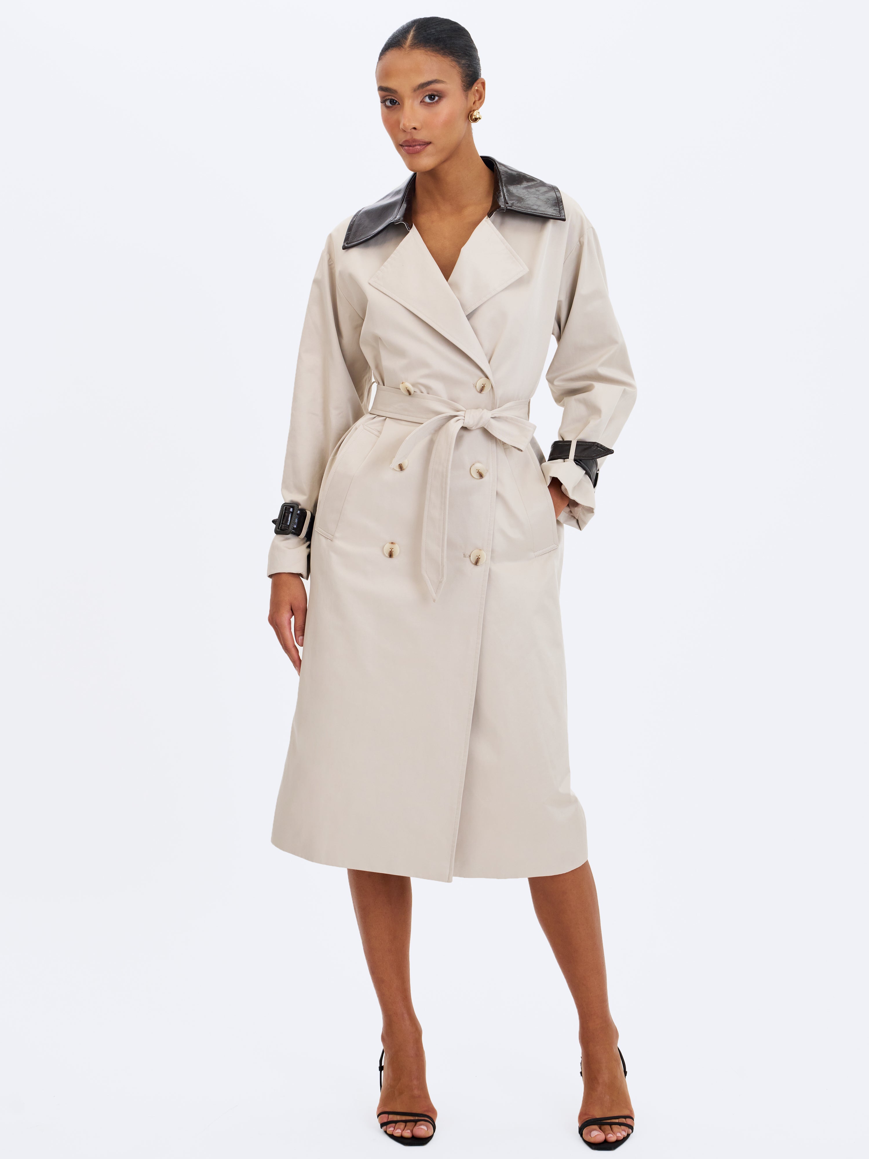 Umber Oyster Double-Breasted Faux Leather Lapel Trench Coat