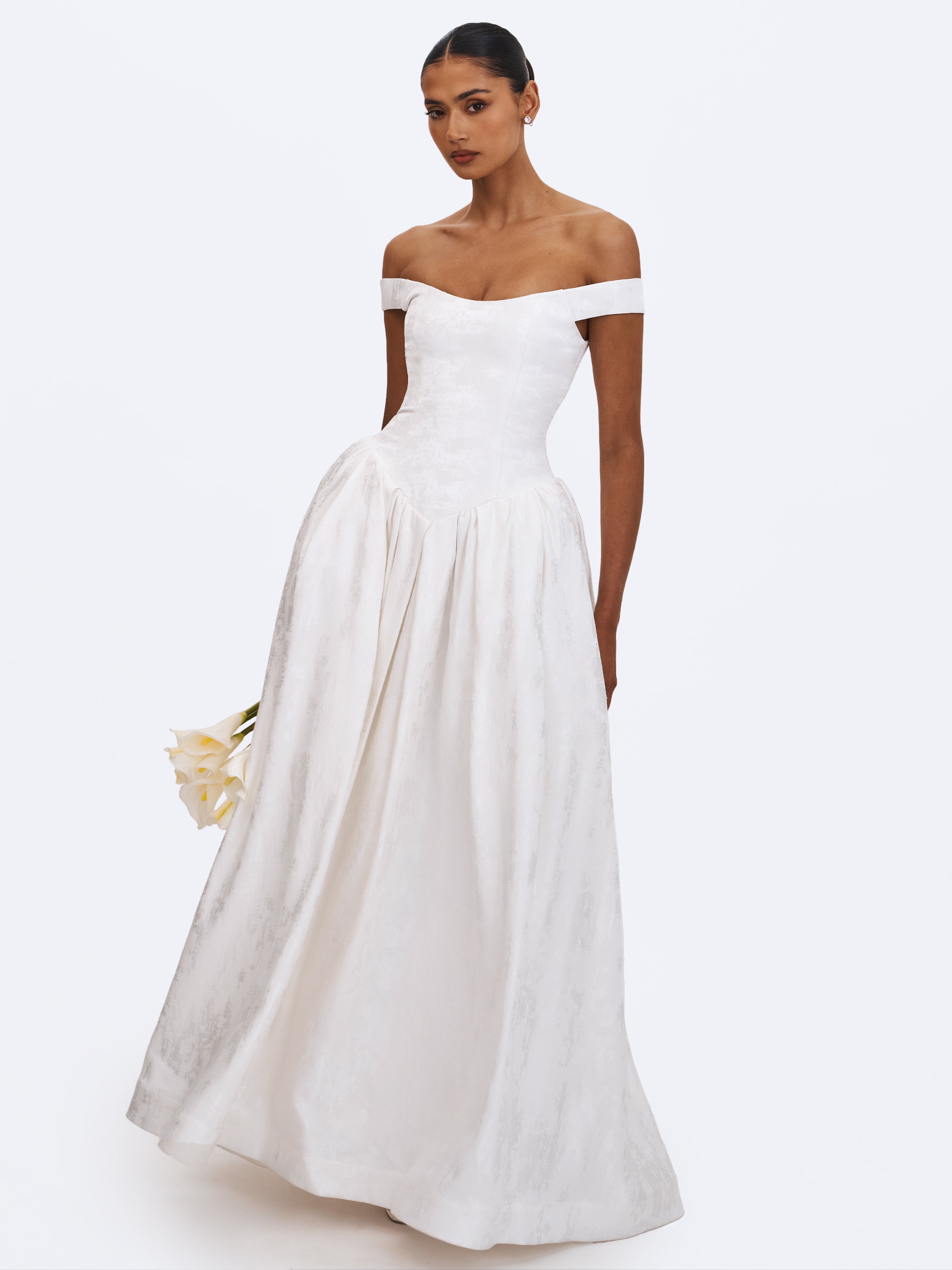 Tinsley White Jacquard Bardot Wedding Gown