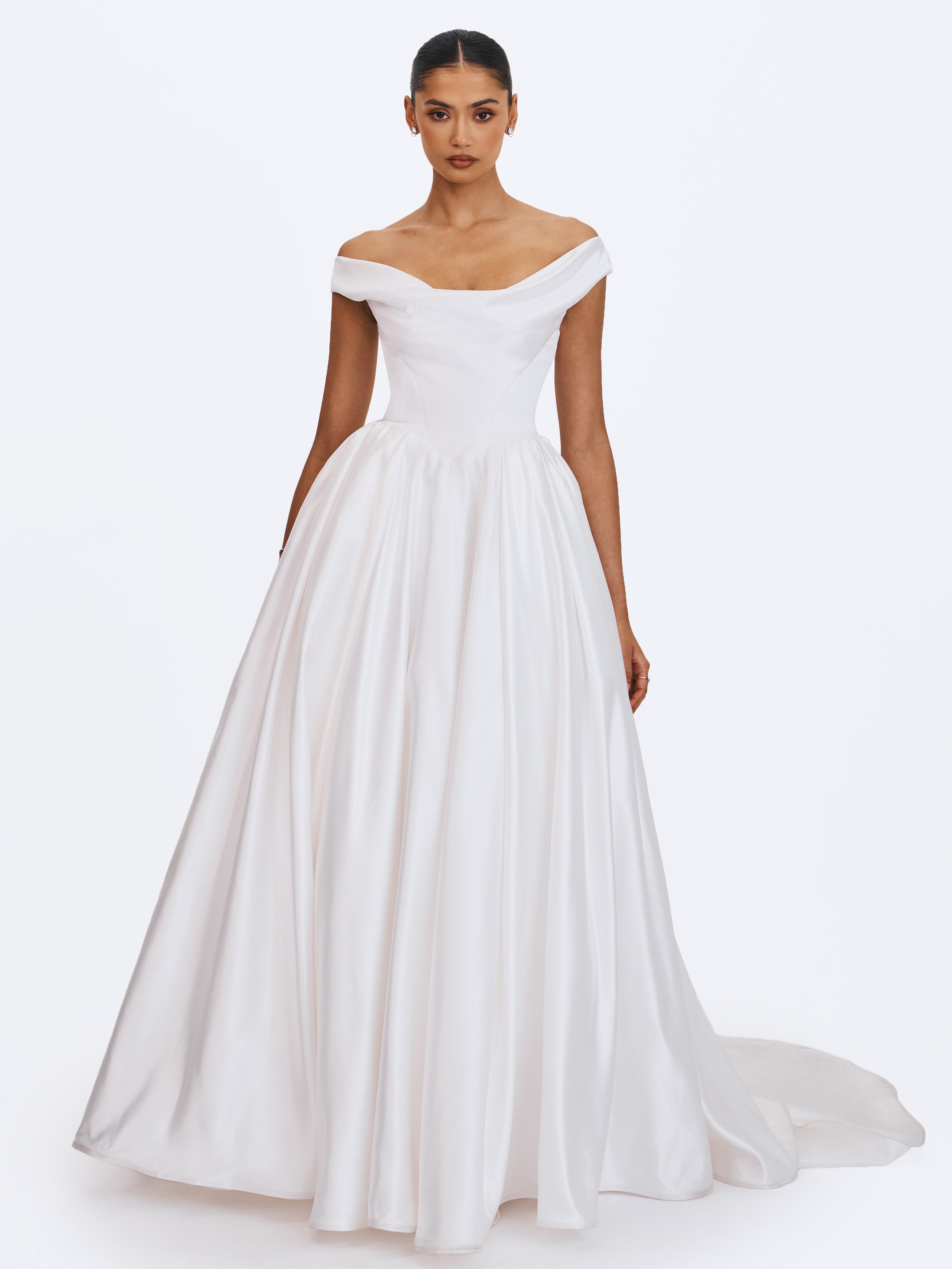 Unna White Satin Bardot Cowl Wedding Gown (PREORDER)