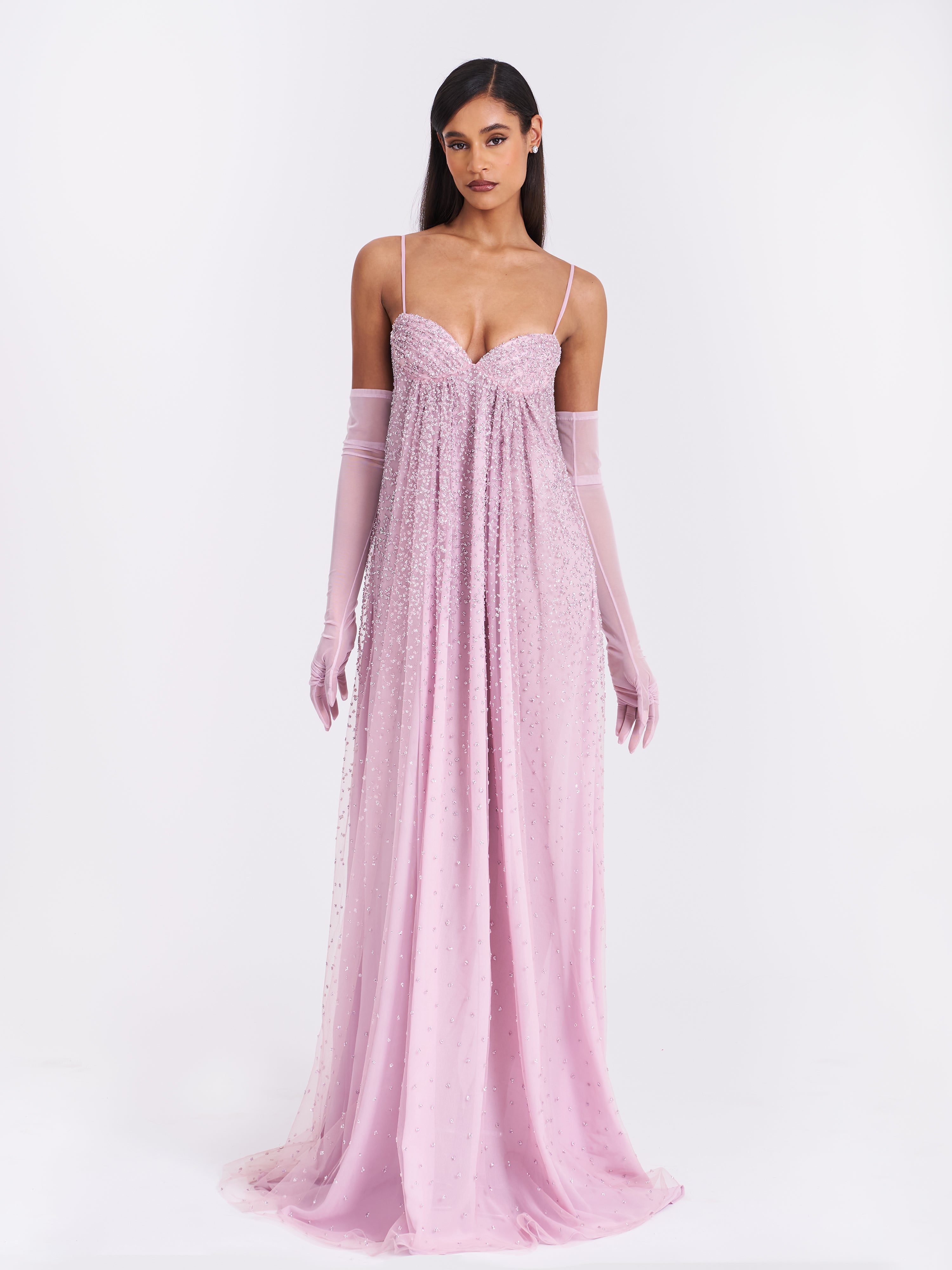 Wallie Pink Rhinestone Embellished Mesh Backless Gown