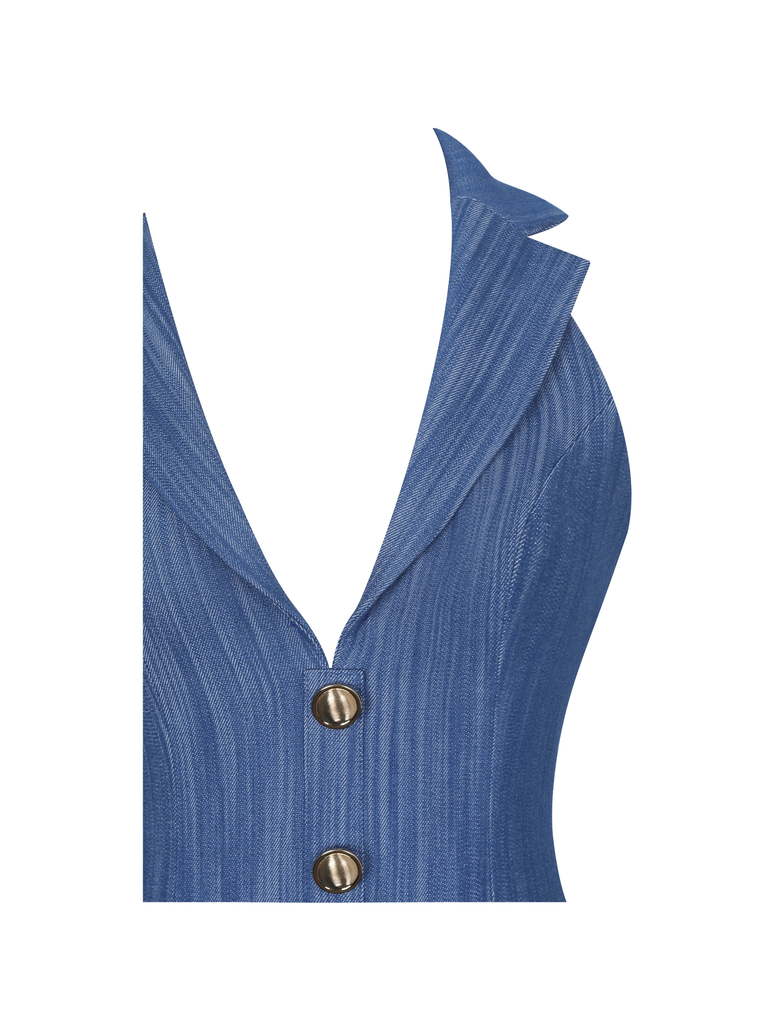 Xyan Navy Denim Lapel Halter A-Line Midi Dress
