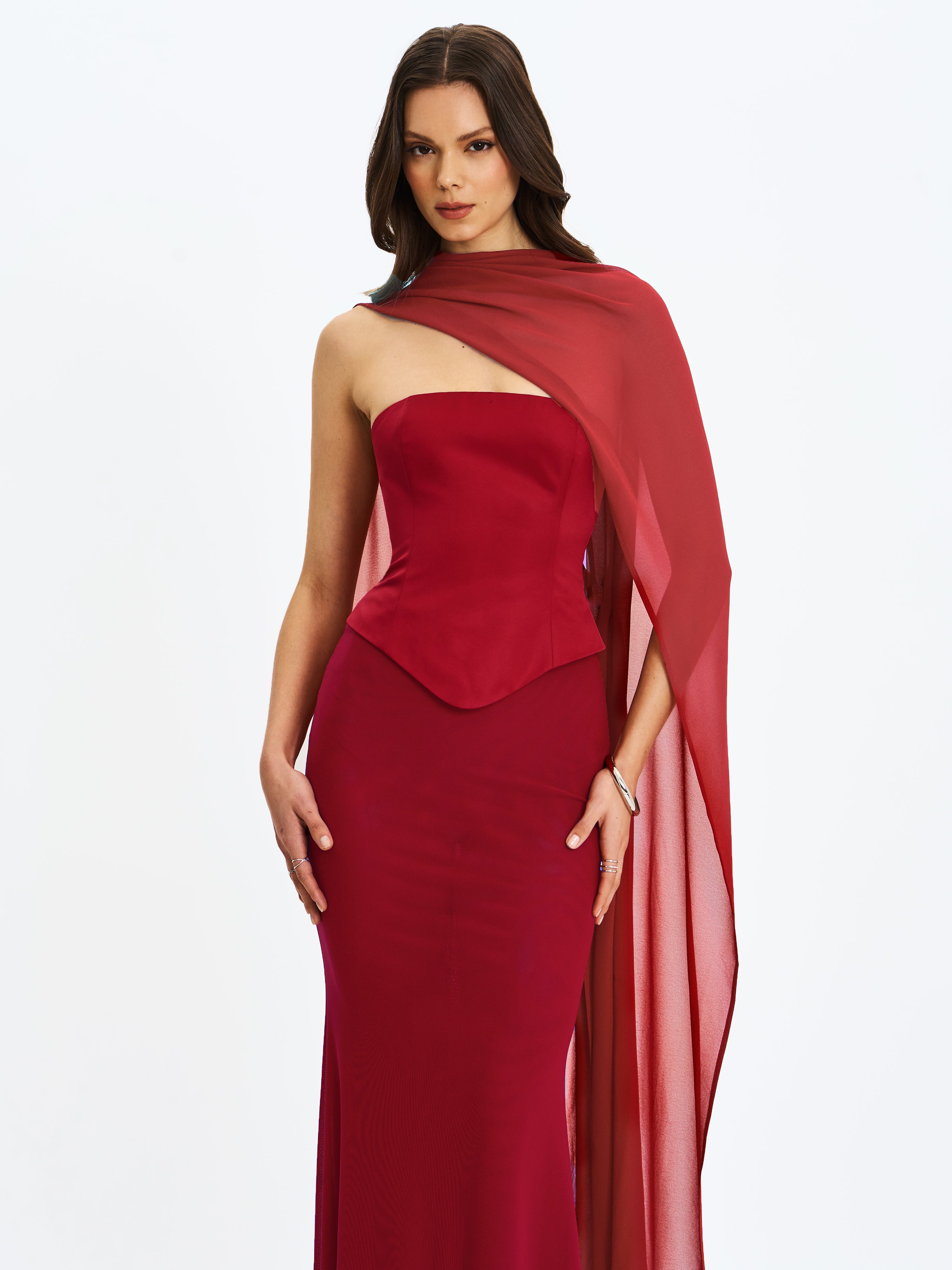 Giselle Crimson Peplum Mermaid Gown with Chiffon Scarf