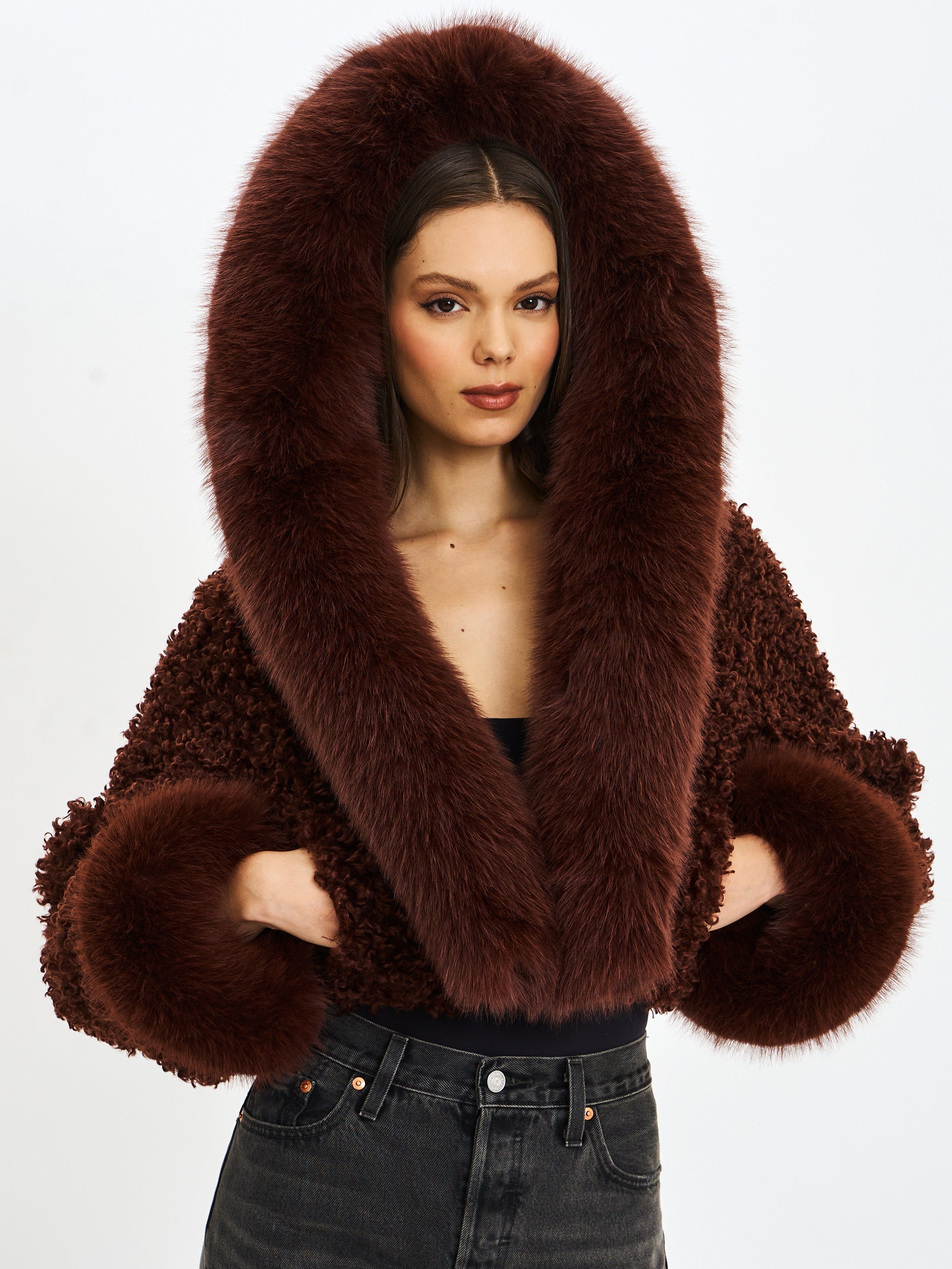 Kali Mahogany Cropped Vegan Shearling Fur Jacket