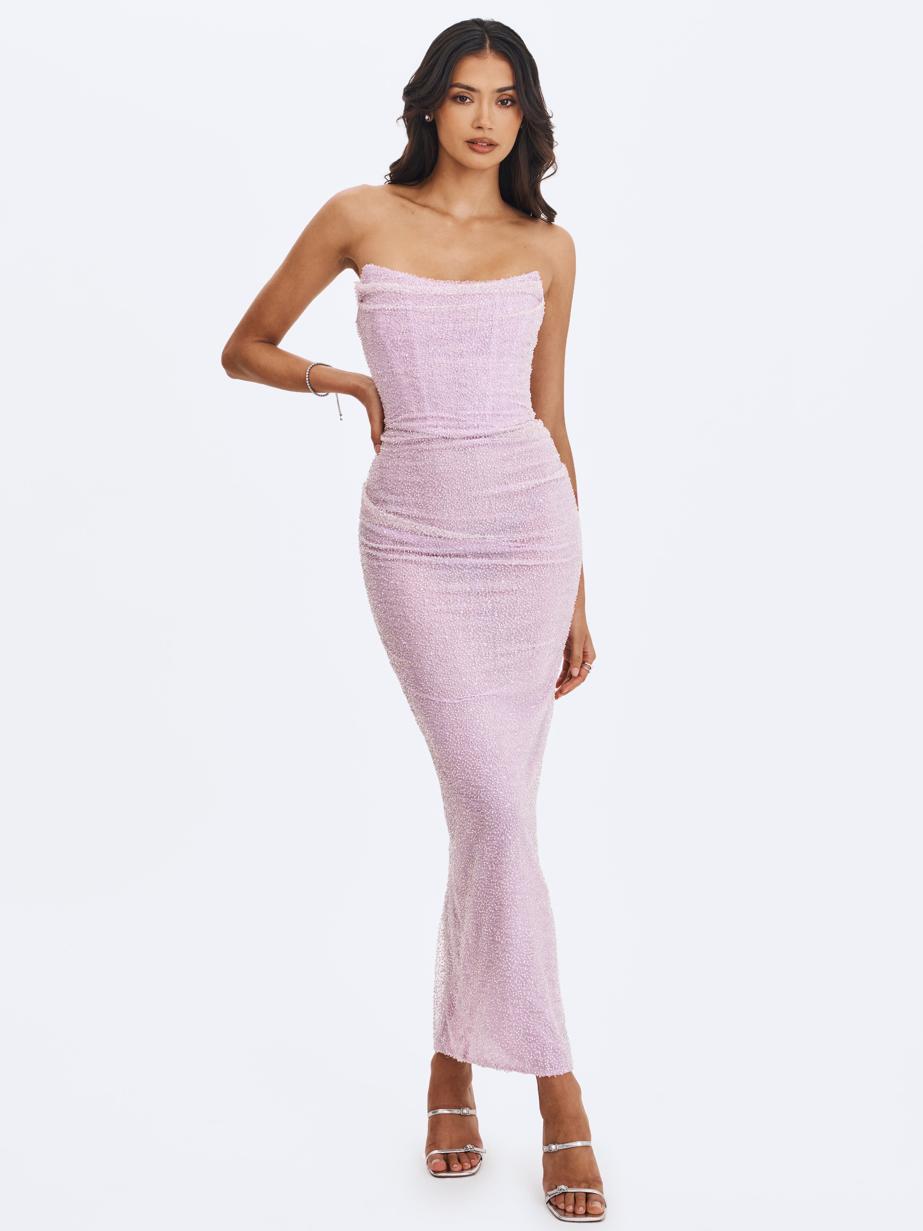 Raylee Lilac Beaded Mesh Strapless Sheath Maxi Dress Raylee Lilac Beaded Mesh Strapless Sheath Maxi Dress
