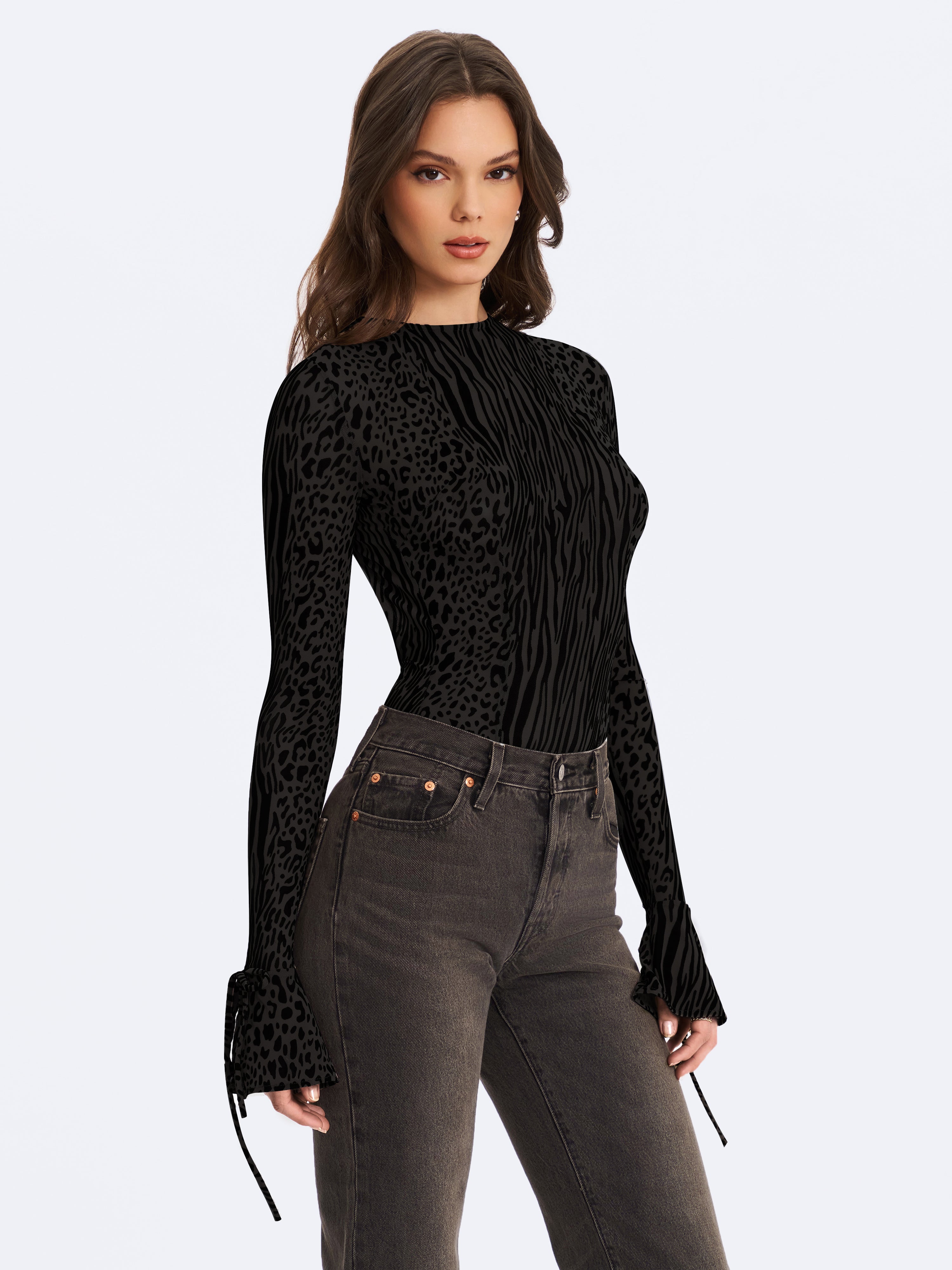 Ibera Black Animal Print Burnout Velvet Long Sleeve Bodysuit