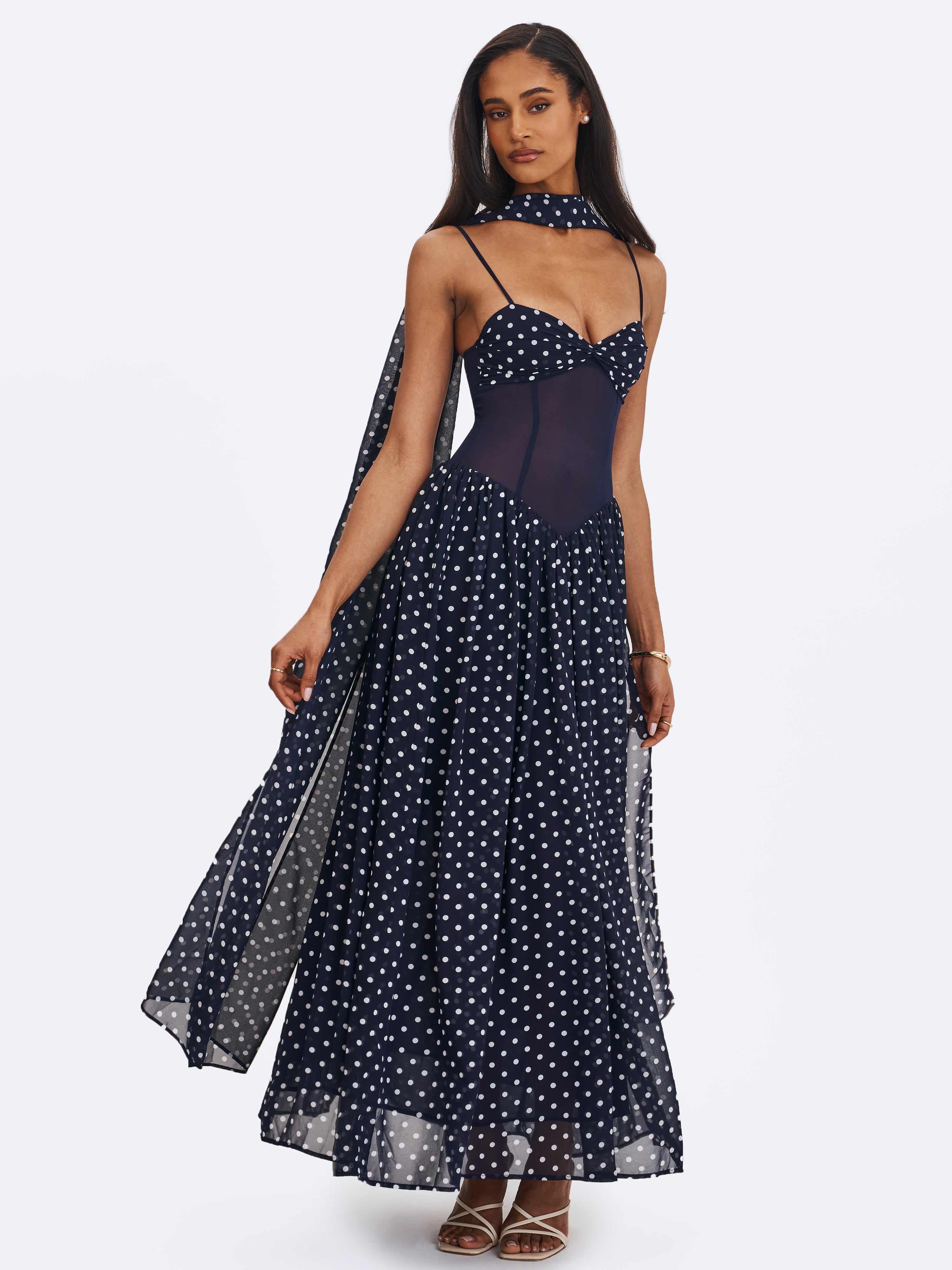 Juliette Navy Blue Polka Dot Chiffon Maxi Dress