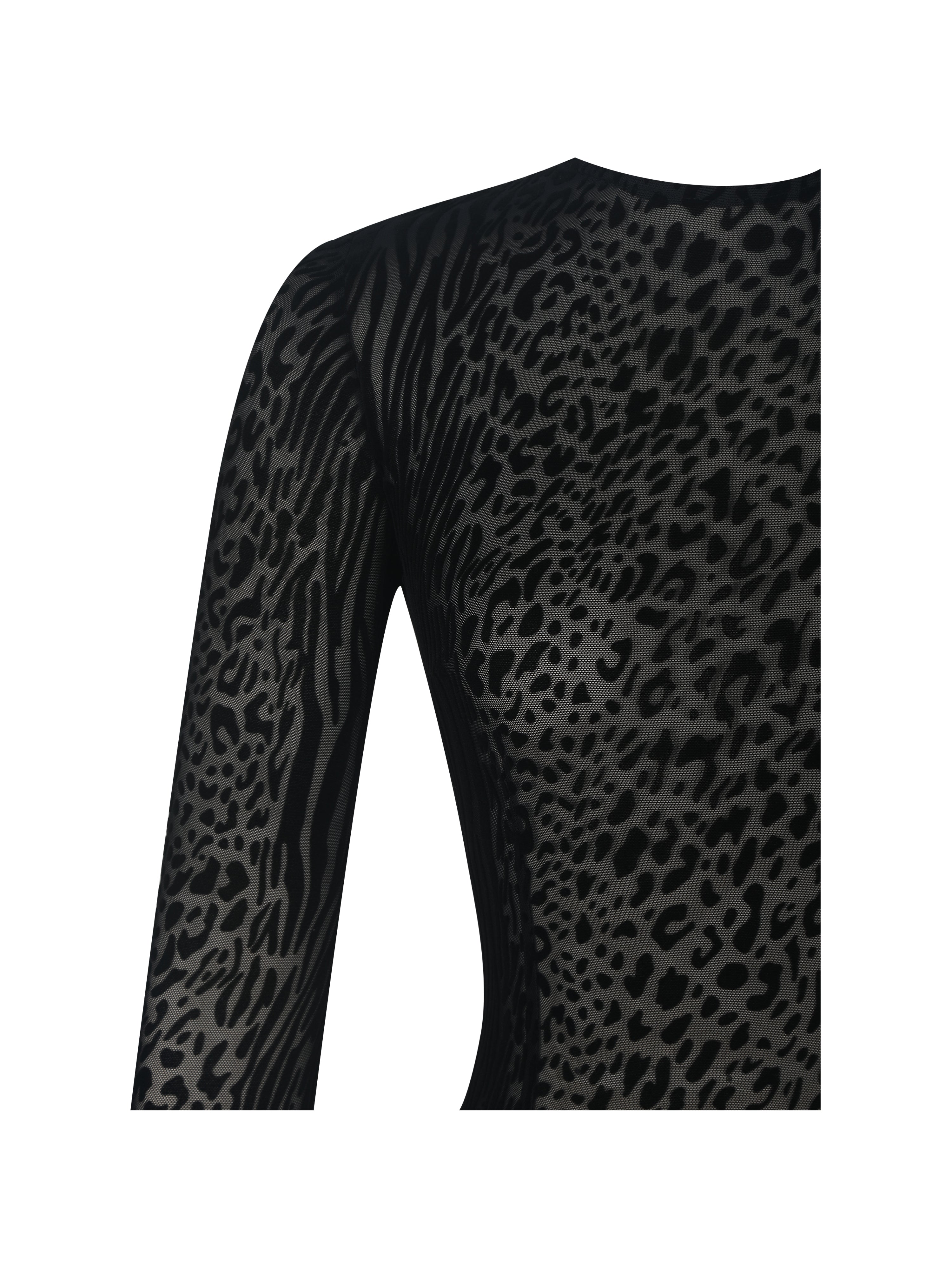 Ibera Black Animal Print Burnout Velvet Long Sleeve Bodysuit