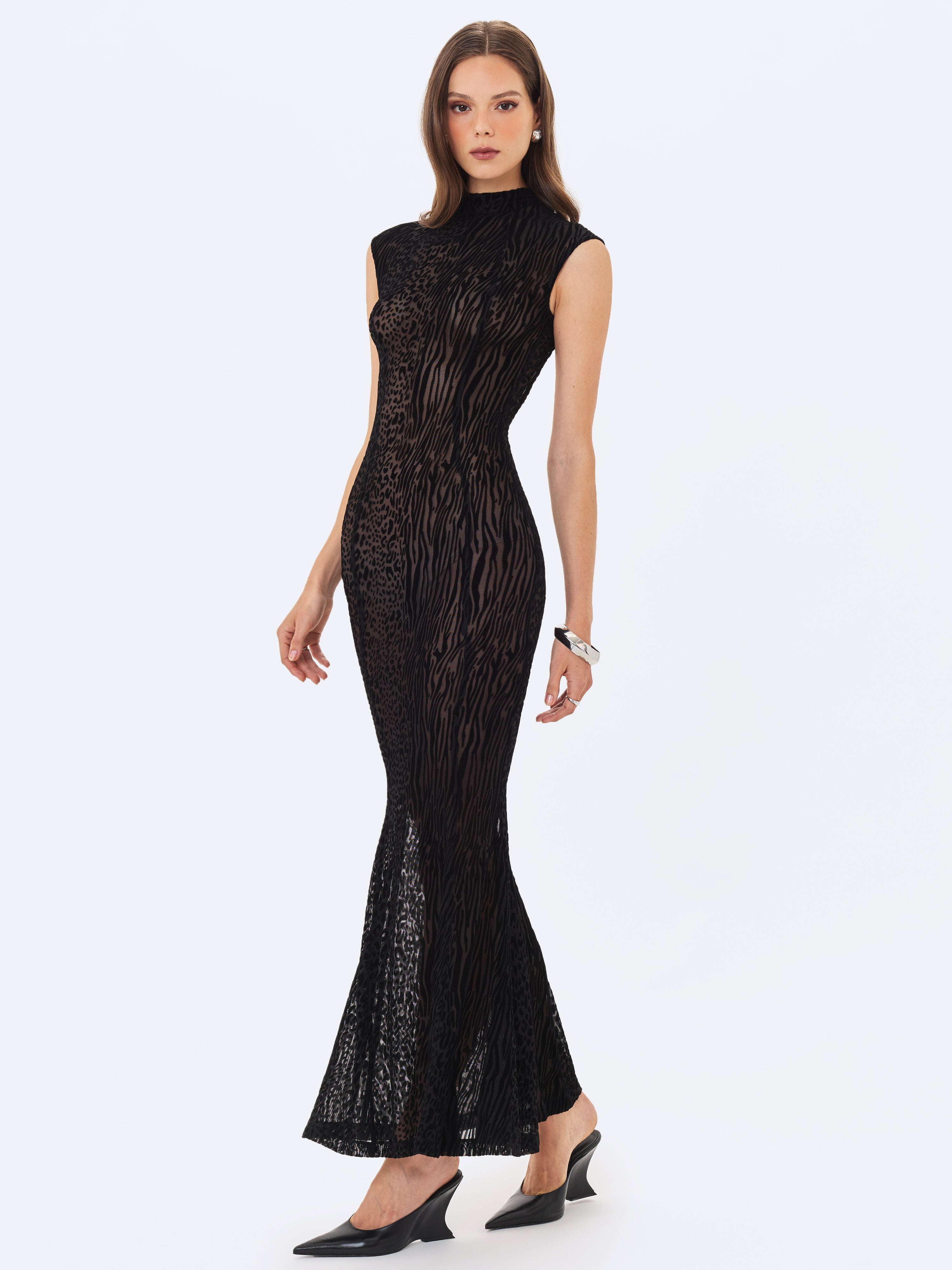 Tyanna Black Burnout Velvet Mesh Backless Mermaid Maxi Dress
