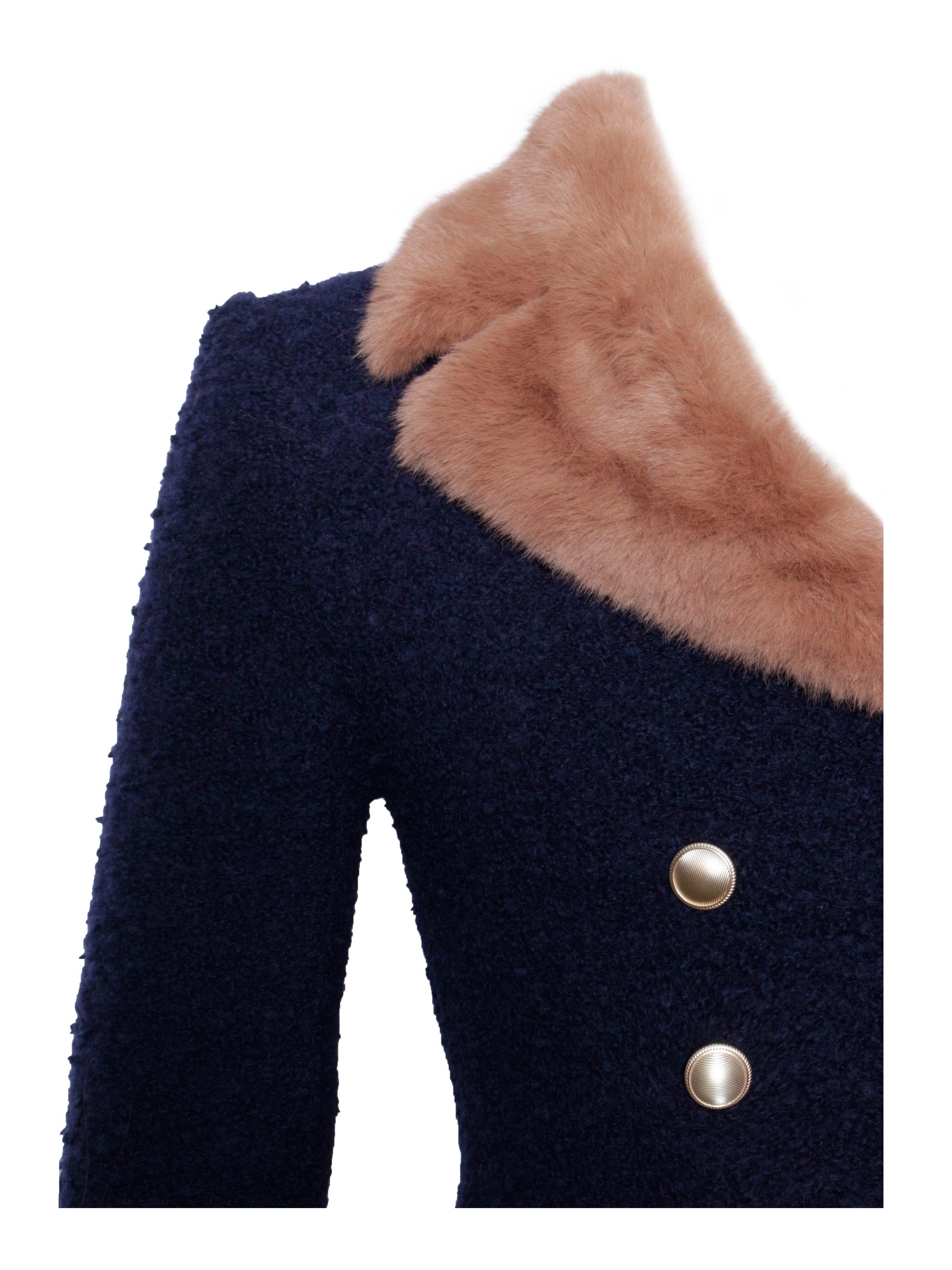 Wava Navy Blue Double Breast Fur Trim Cropped Boucle Wool Jacket