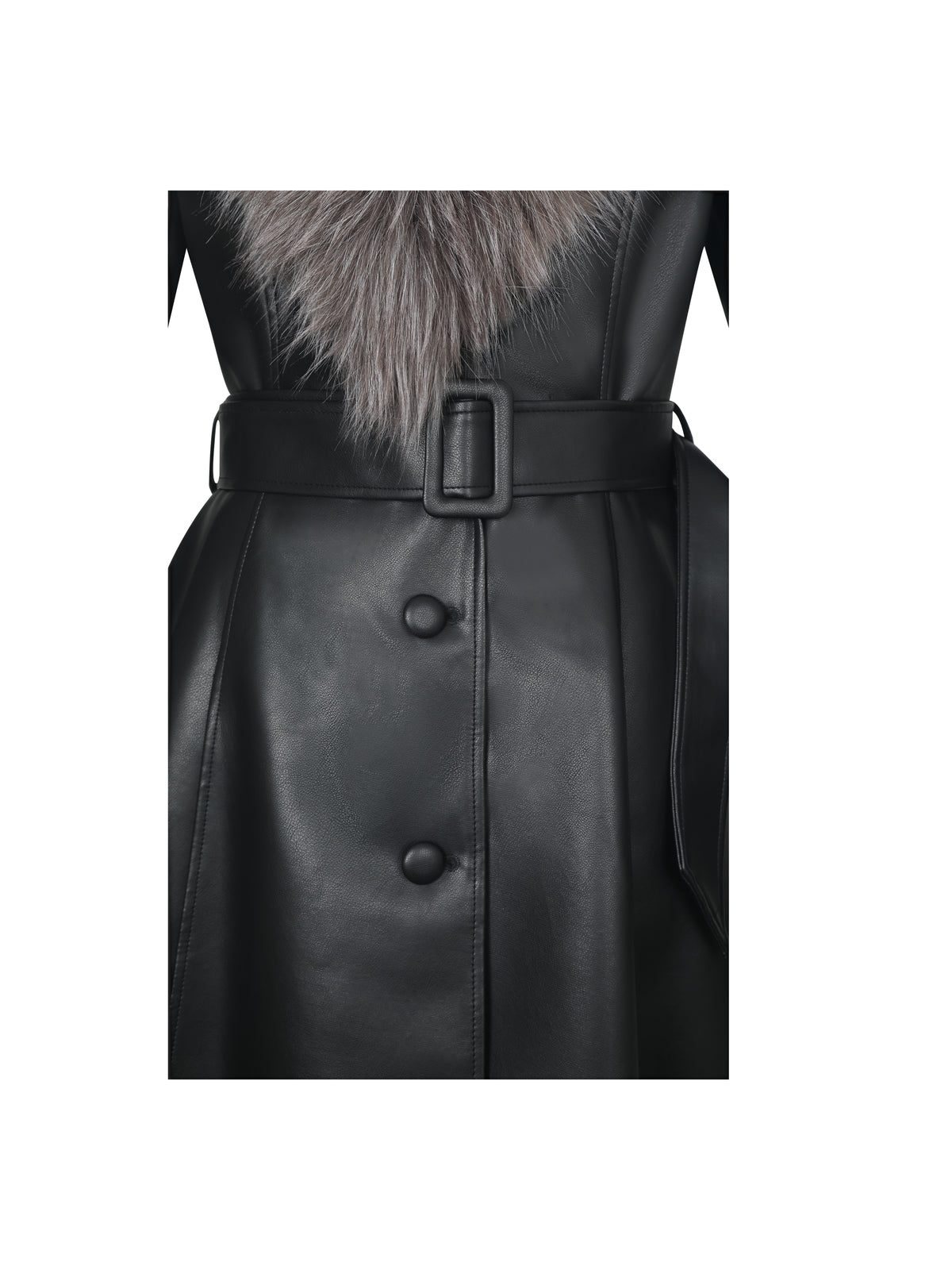 Nico Black Faux Leather Fur-Trimmed Belted A-Line Midi Coat