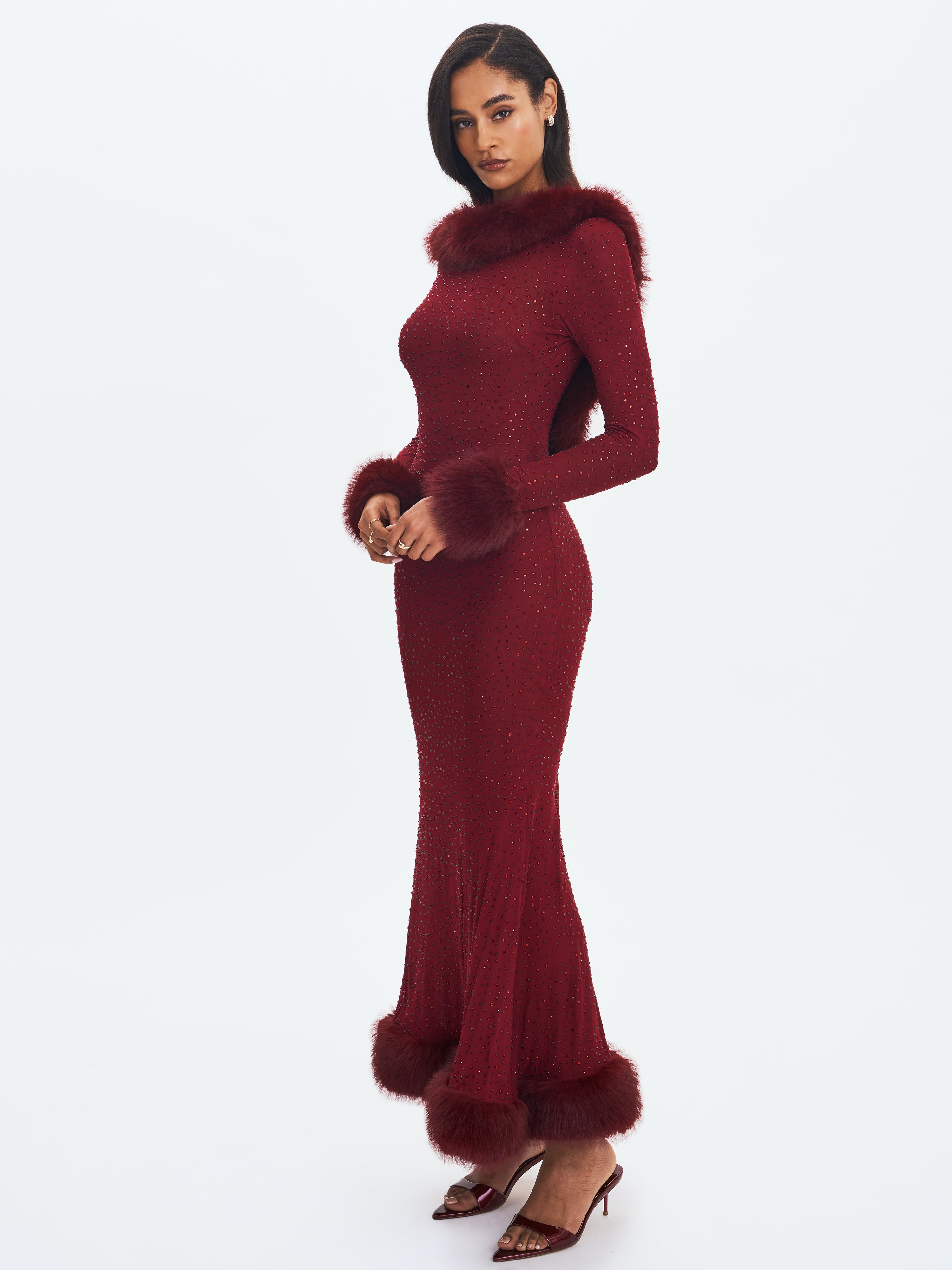 Melrose Burgundy Petite-Length Rhinestone Mesh Low Back Mermaid Dress