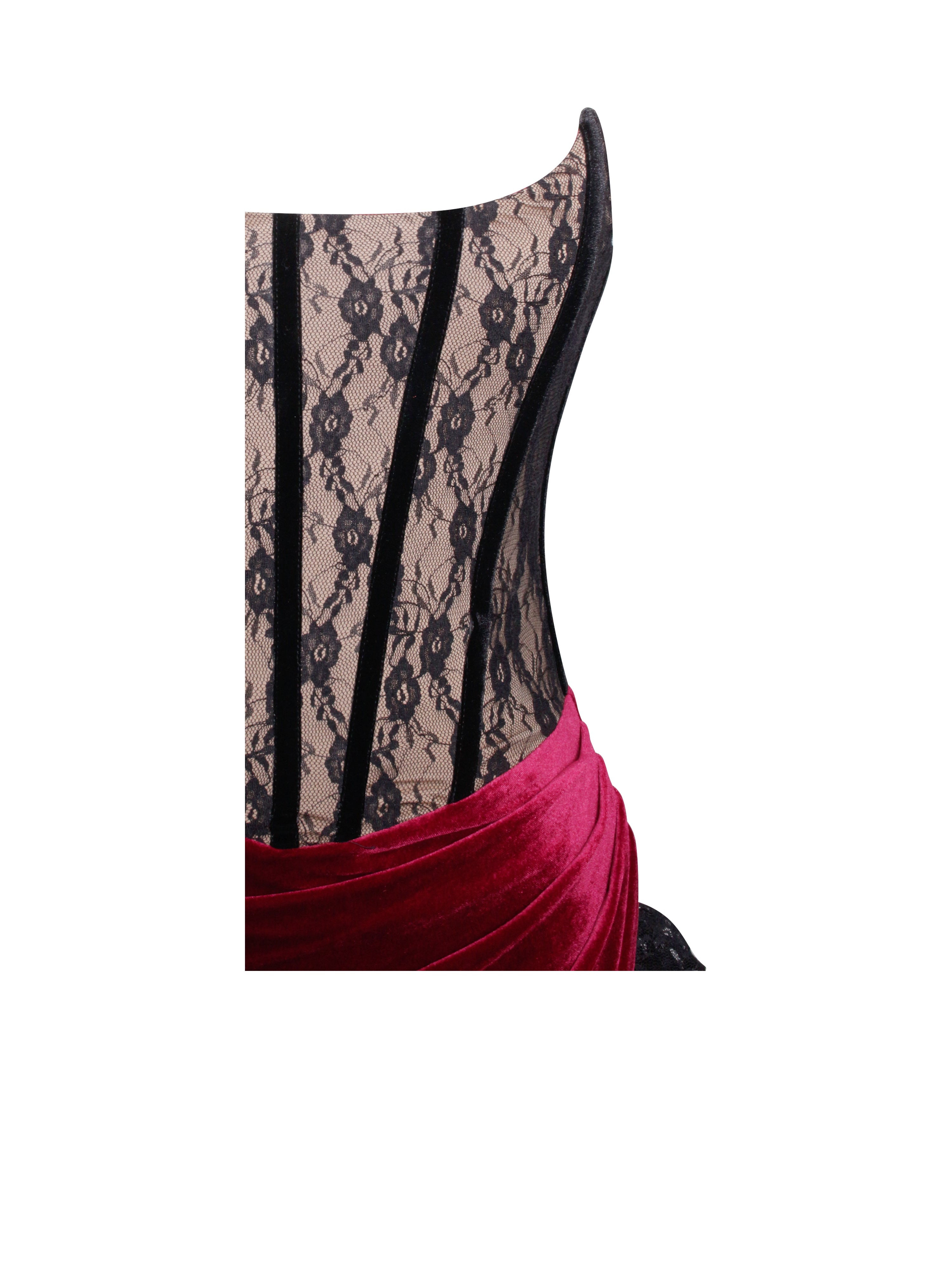 Gaia Burgundy Lace Velvet Corset Side Slit Dress