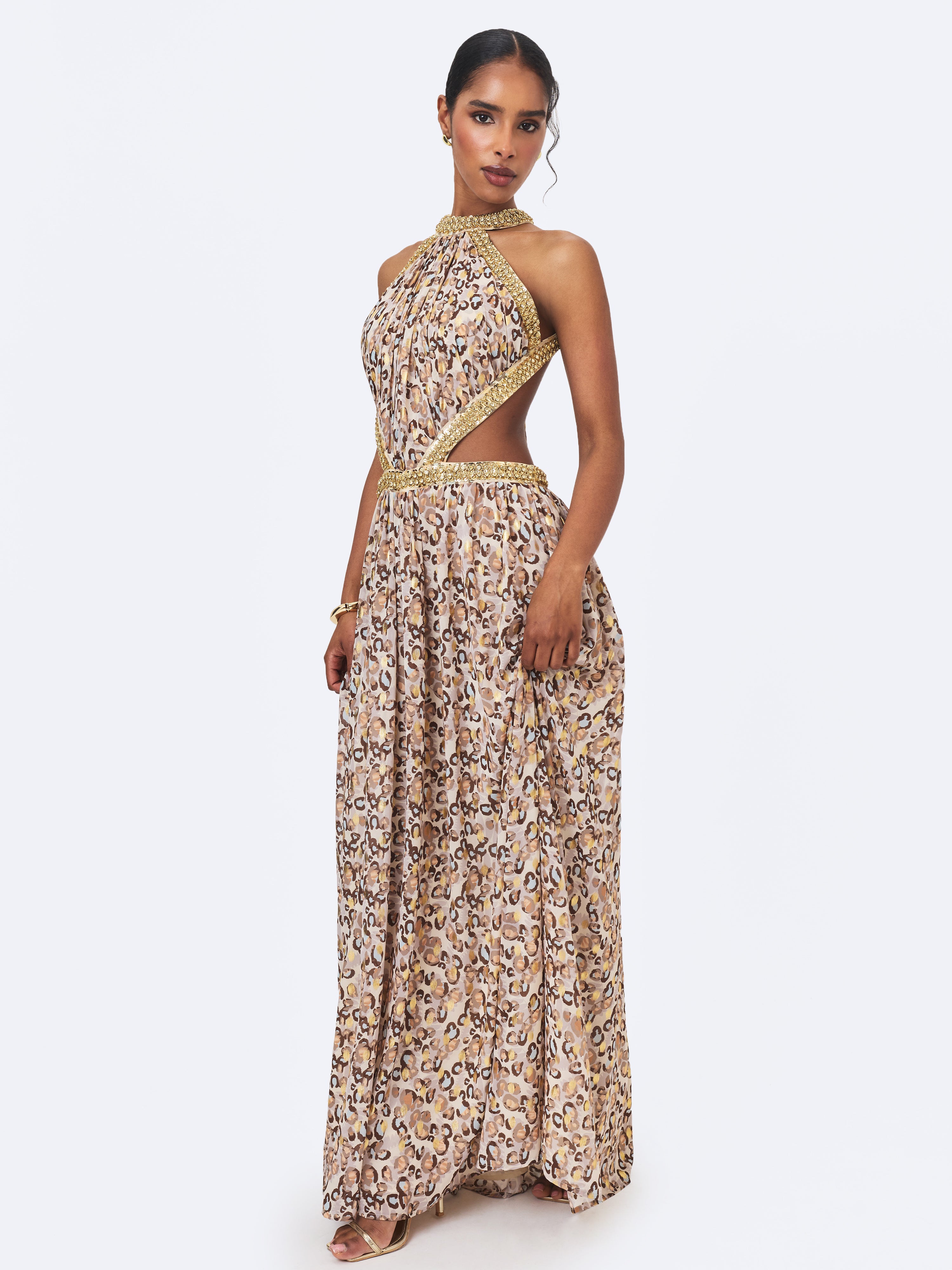 Quinnlyn Beige Cheetah Print Chiffon Halter Maxi Dress
