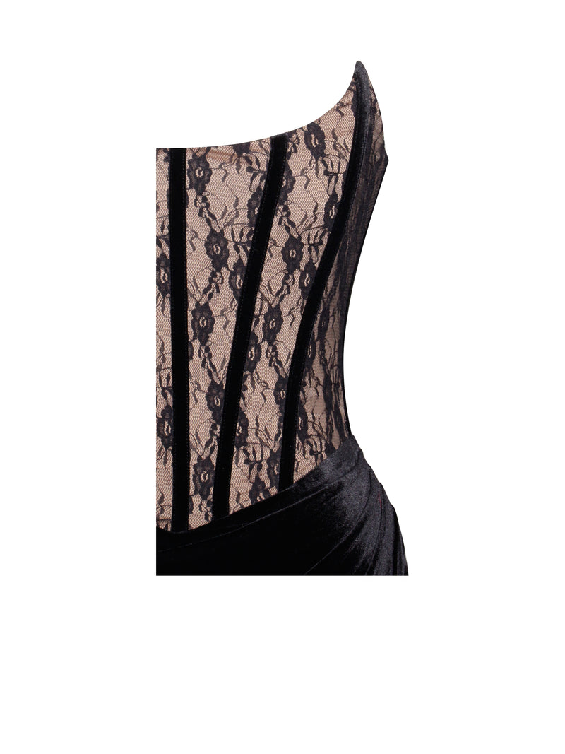 Gaia Black Lace Velvet Corset Side Slit Dress