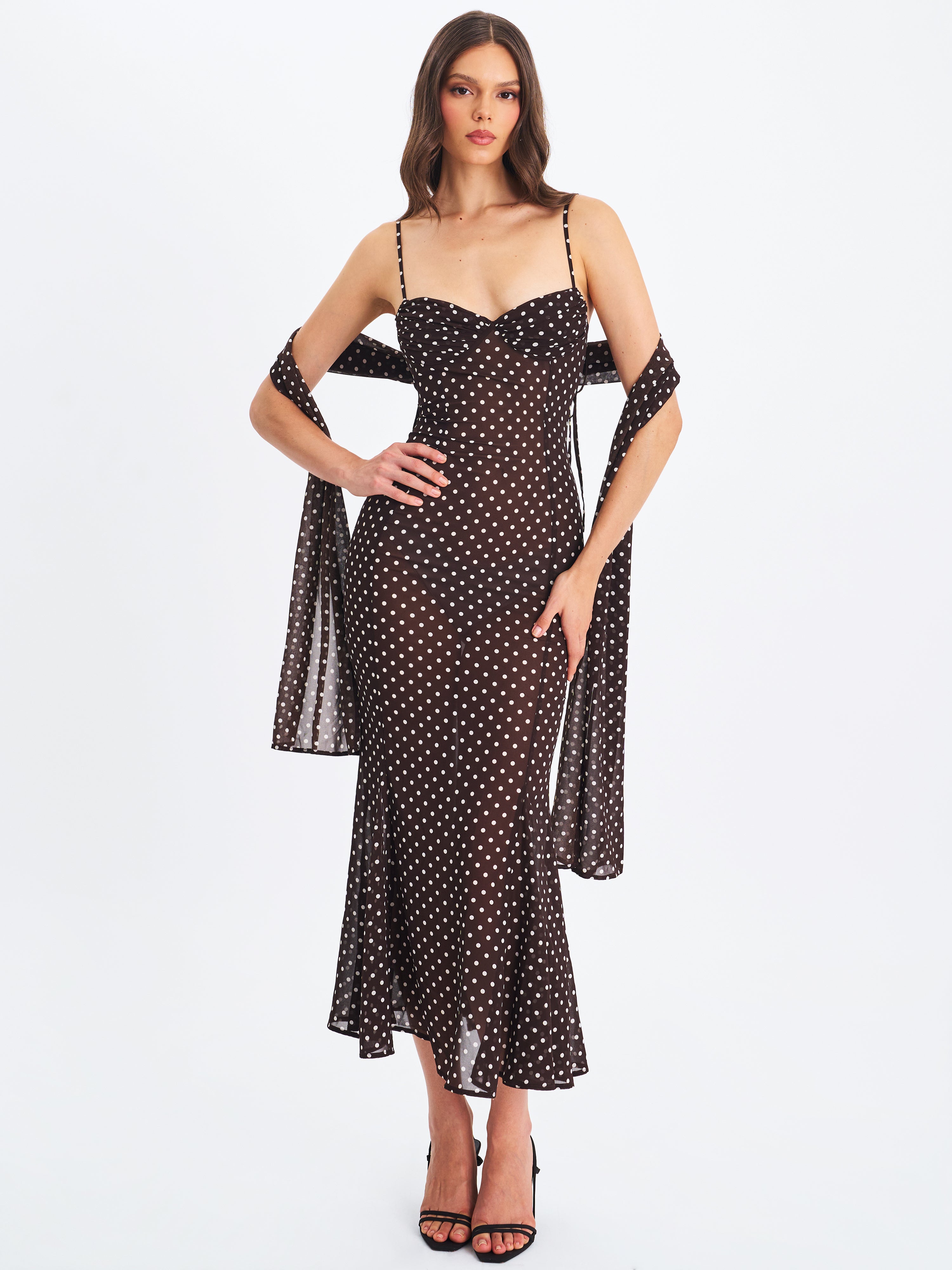 Yadira Brown Base Polka Dot Chiffon Maxi Dress