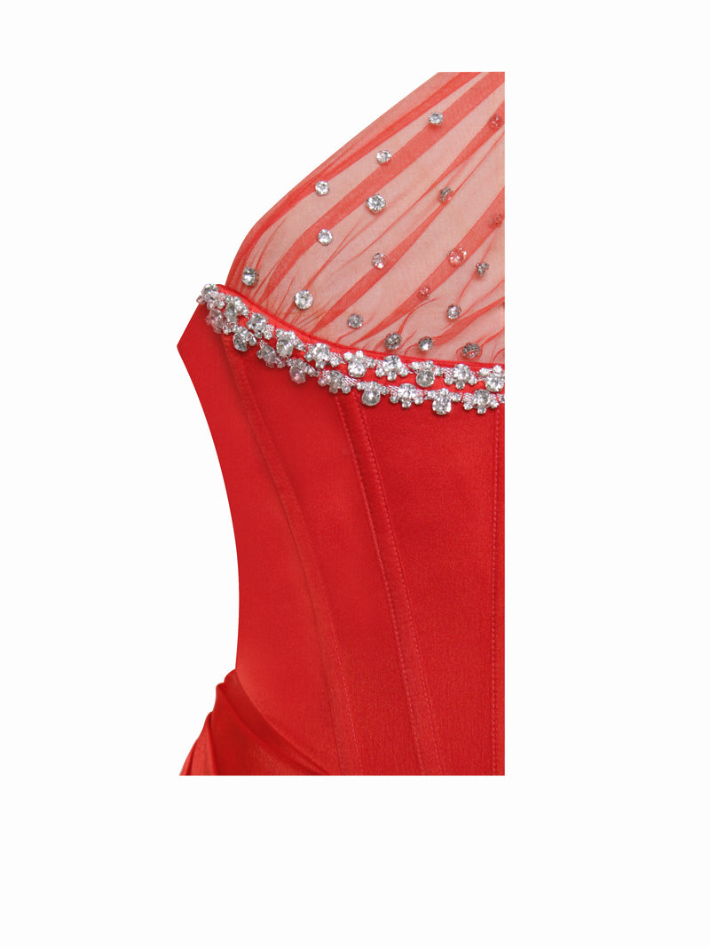 Lora Scarlet Crystal Embellished Mesh Satin Corset Gown
