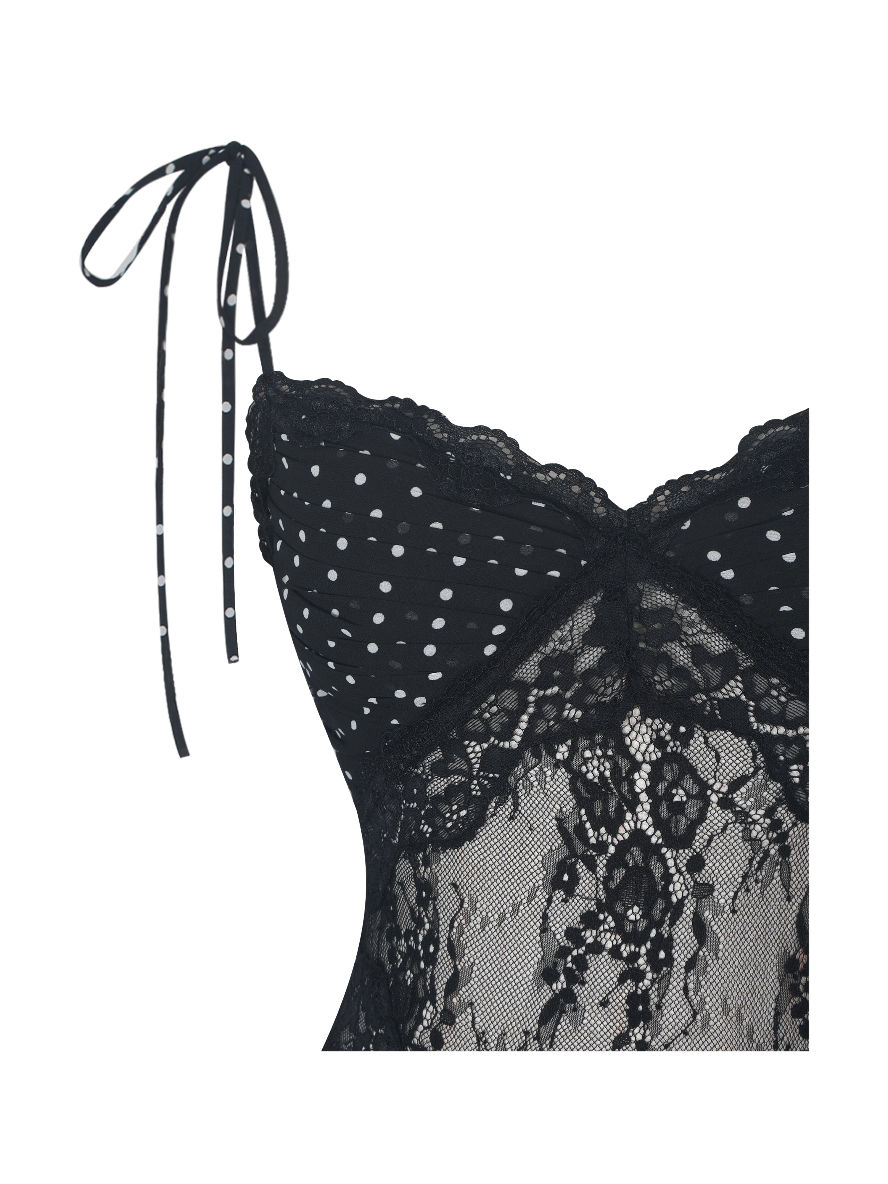Zehra Black Polka Dot Chiffon Lace Cutout Mermaid Midi Dress