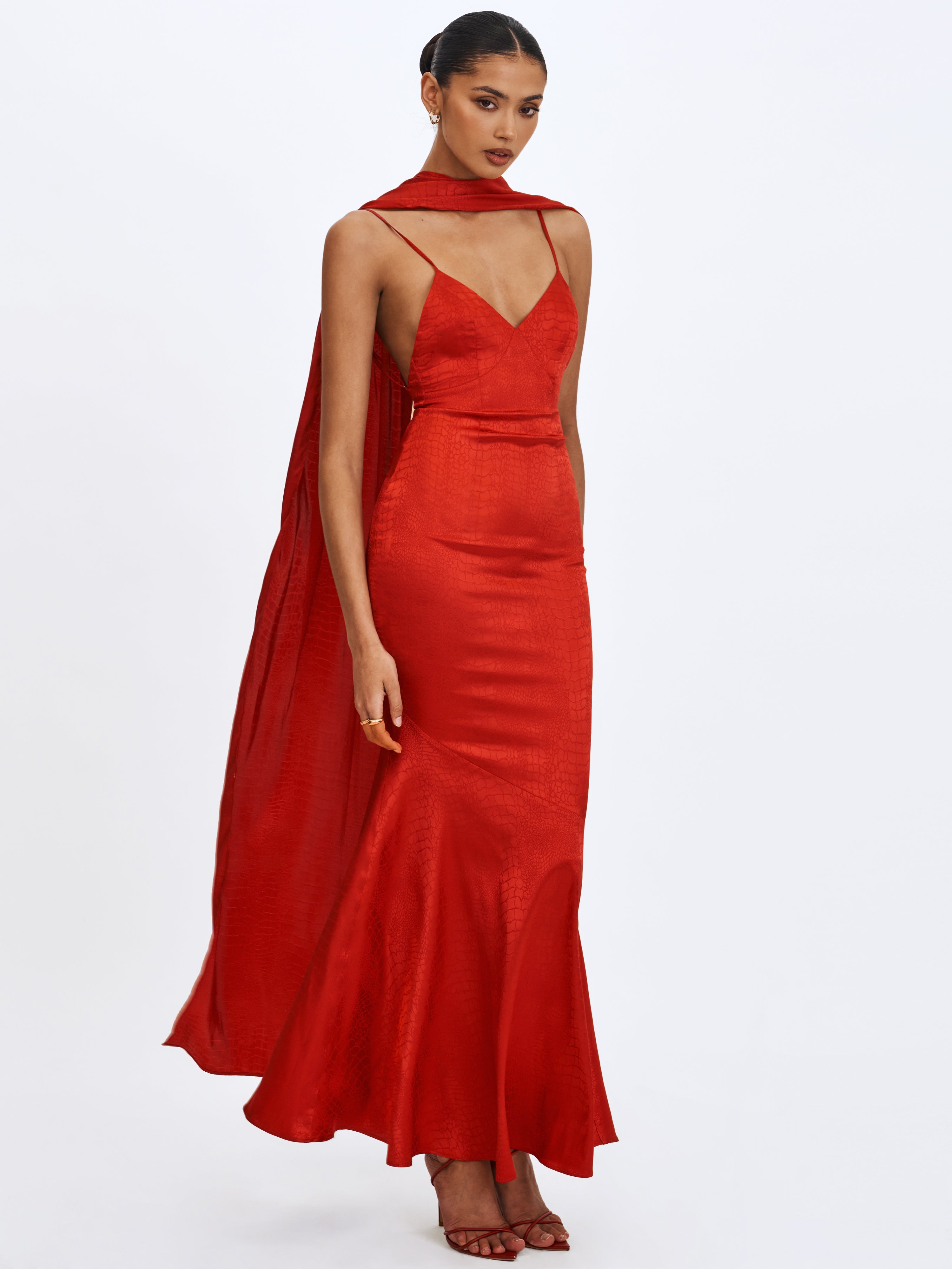 Kelsey Scarlet Croc-Embossed Flared Hem Maxi Dress with Scarf