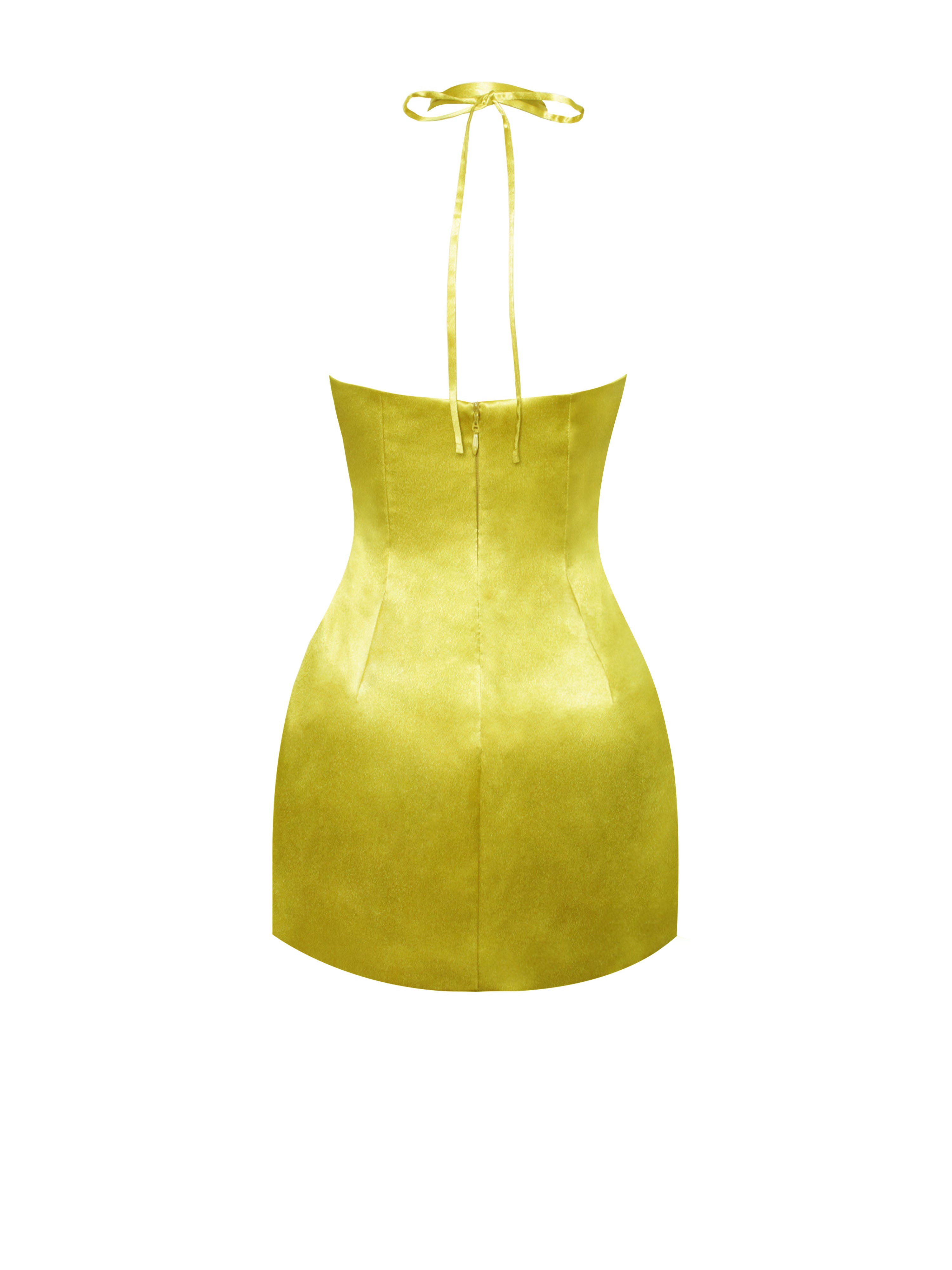 Marcia Gold Satin Strappy Halter Neck Dress