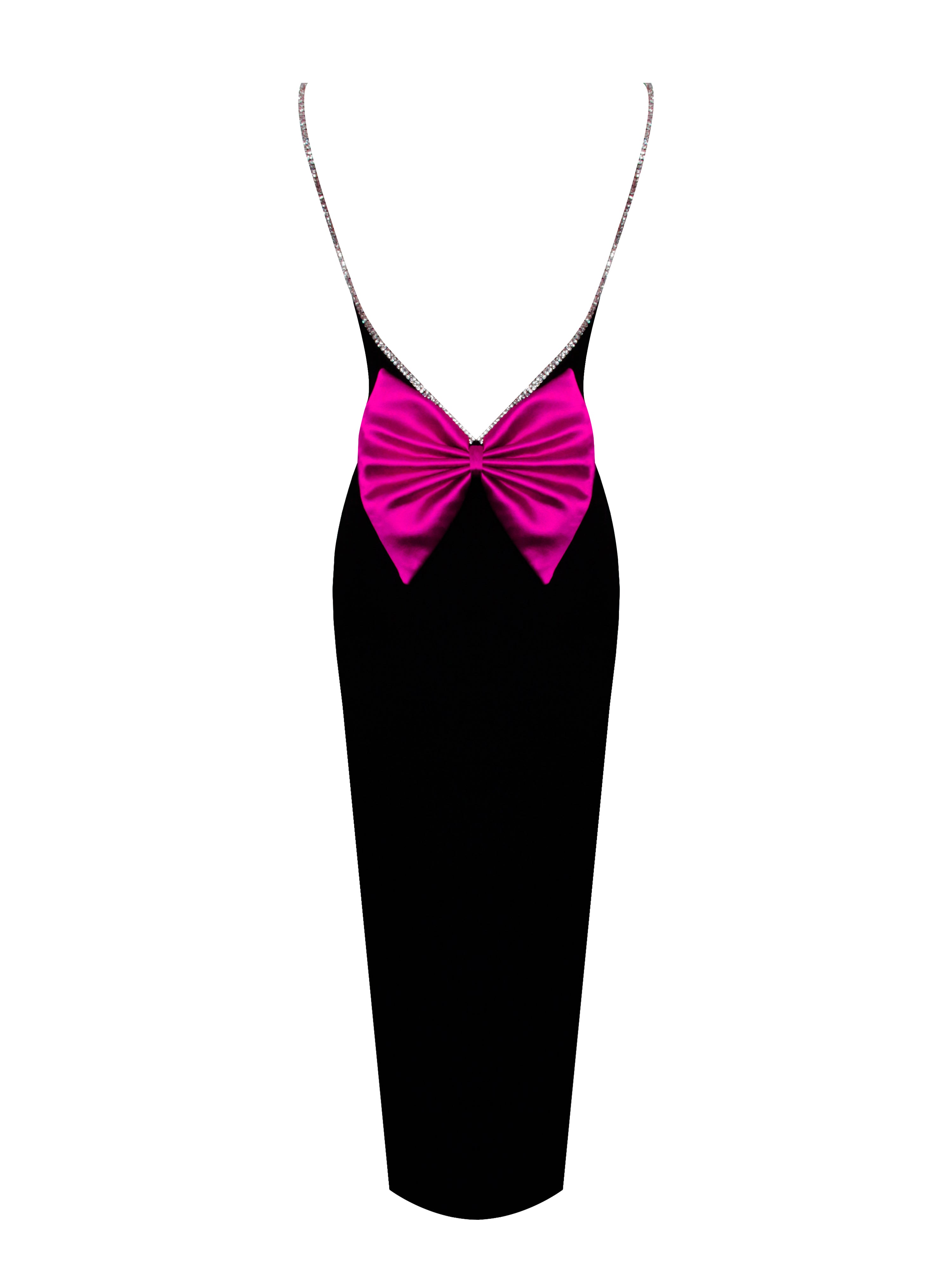 black dress with pink bow Flore Black Crystal Straps Backless Gown With Bow