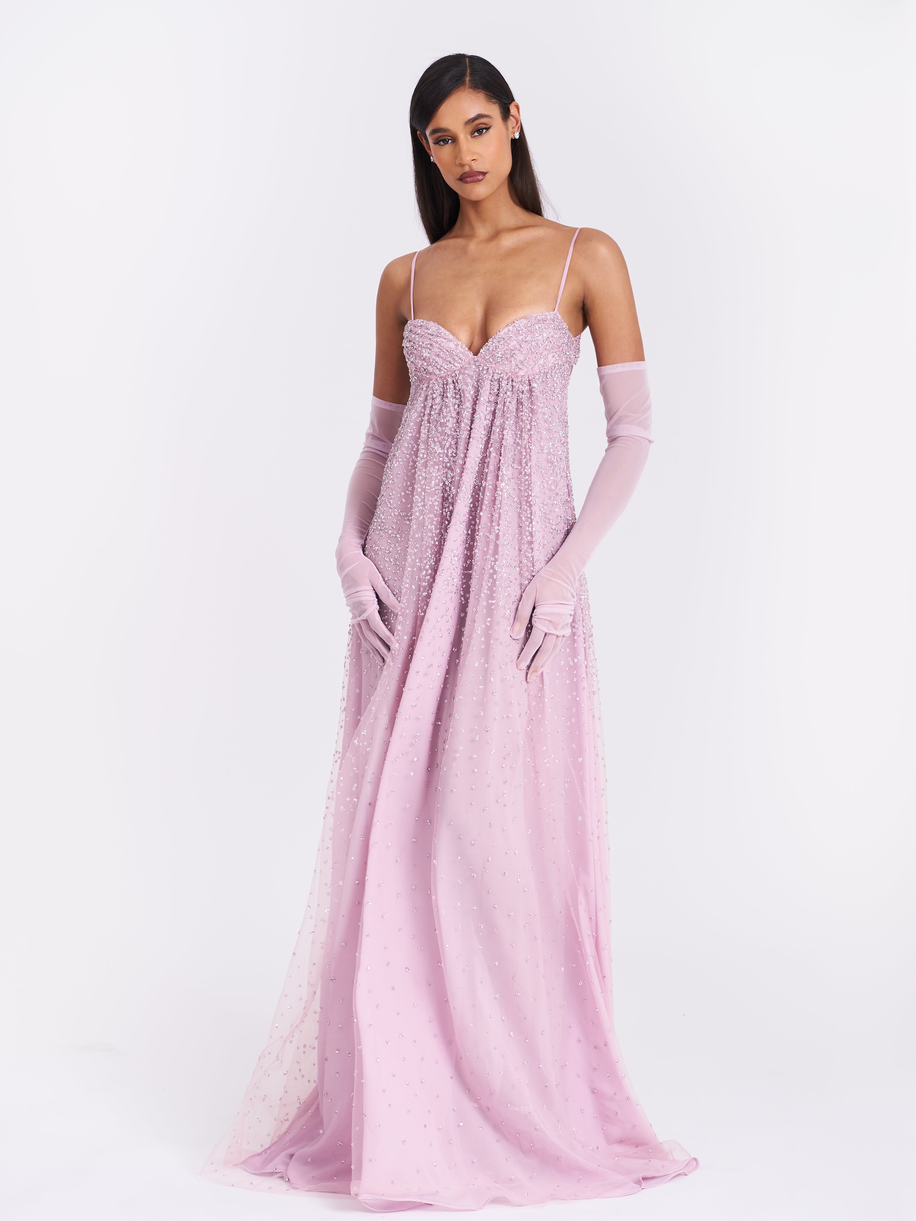 Wallie Pink Rhinestone Embellished Mesh Backless Gown