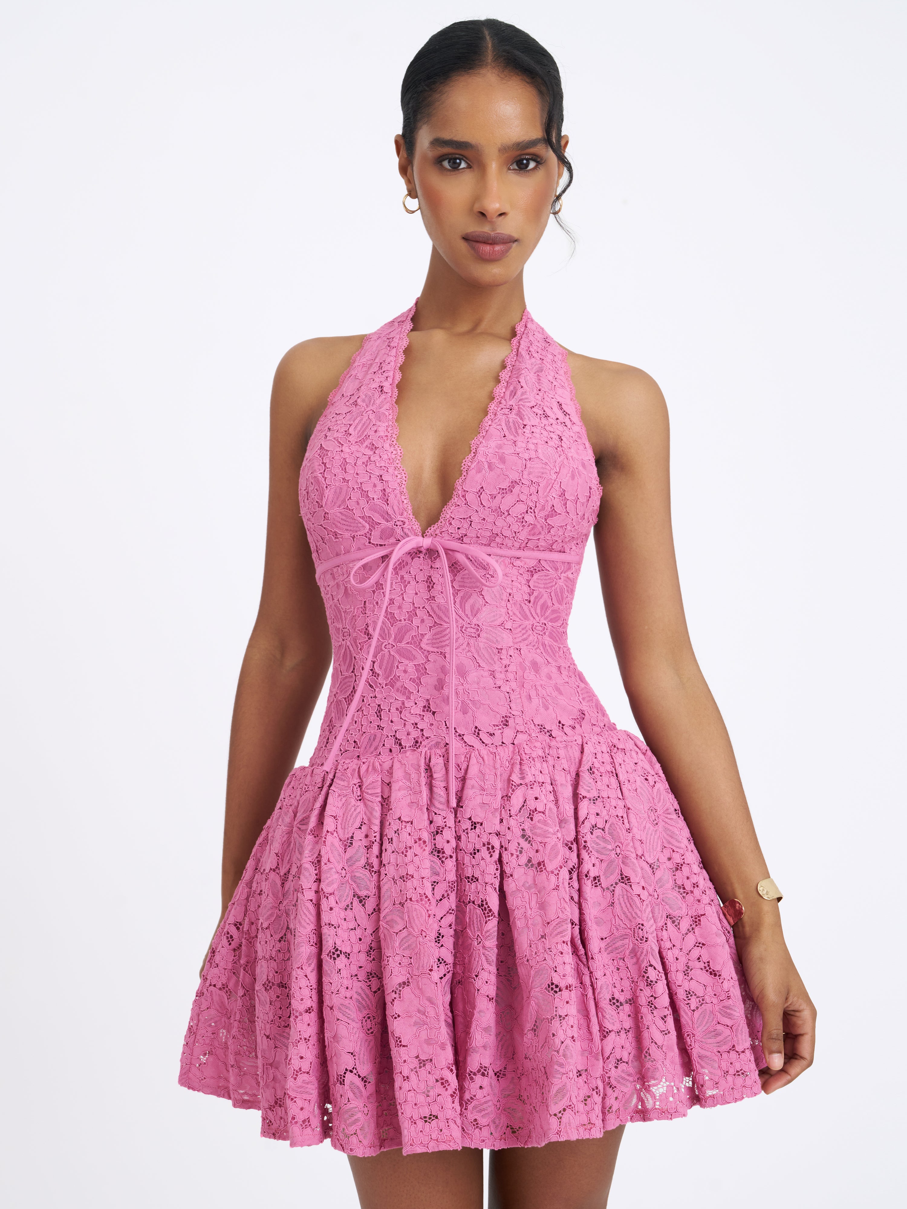 Karla Magenta Lace Drop Waist Halter Mini Dress