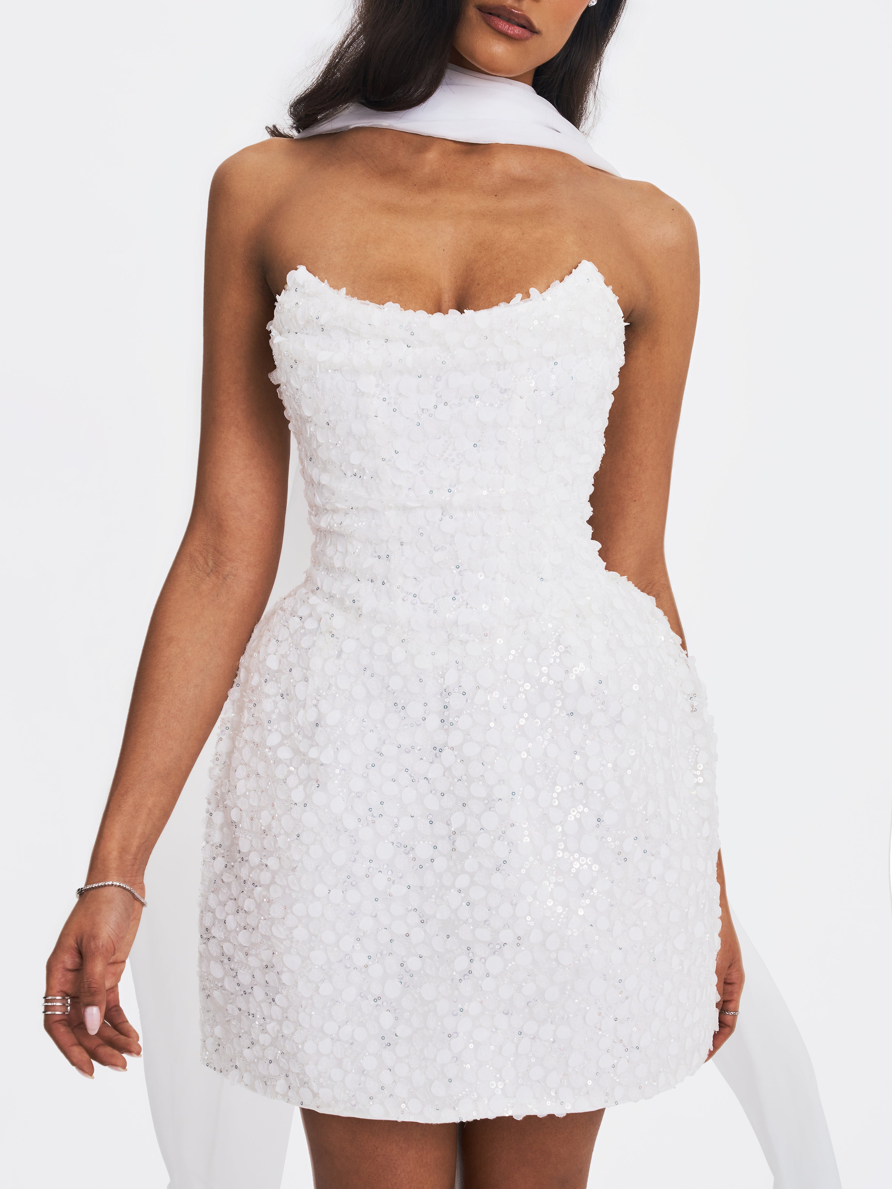 Tressa White Beaded Mesh Strapless Mini Wedding Dress