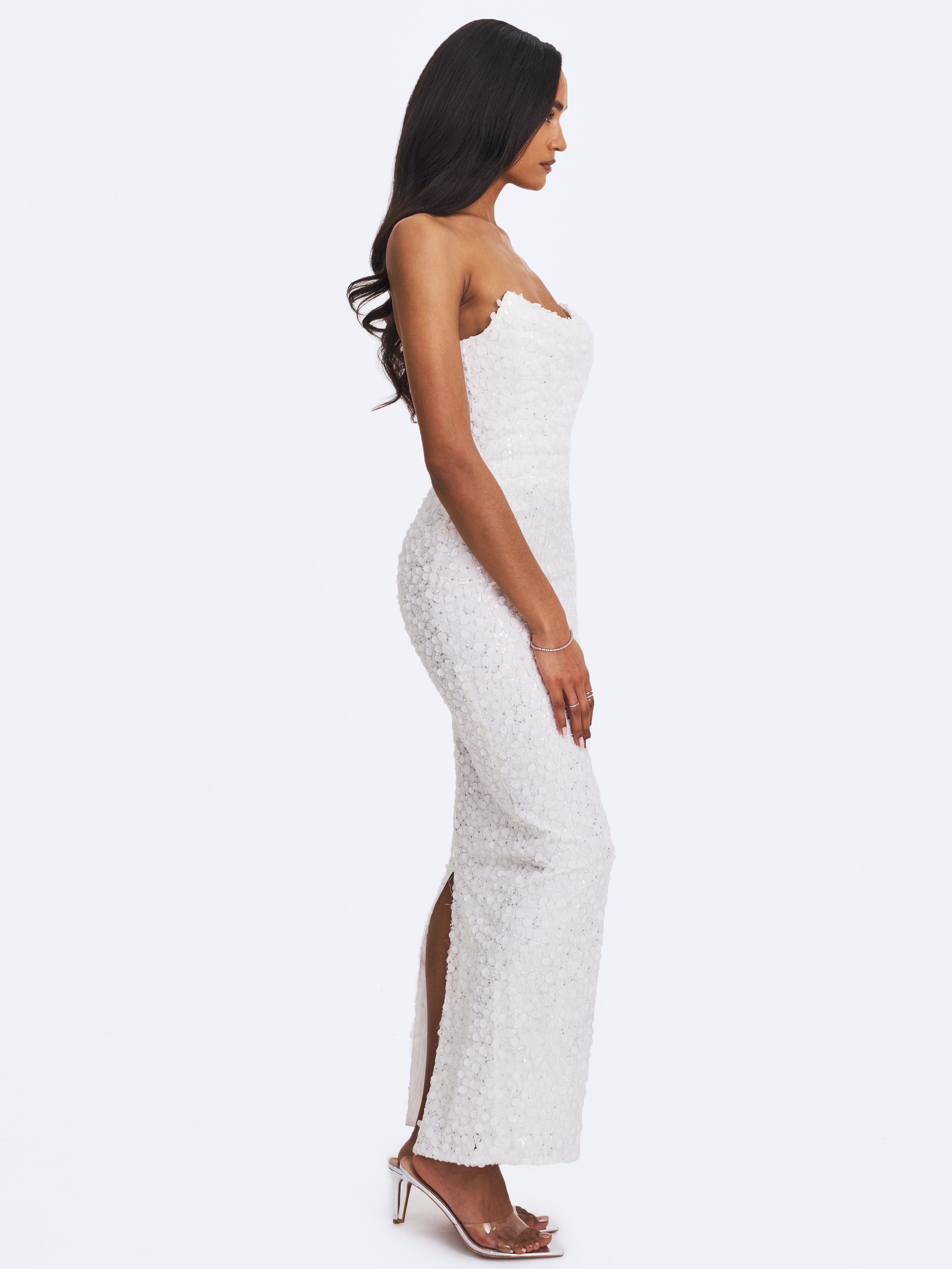 Myra White Beaded Mesh Strapless Wedding Dress