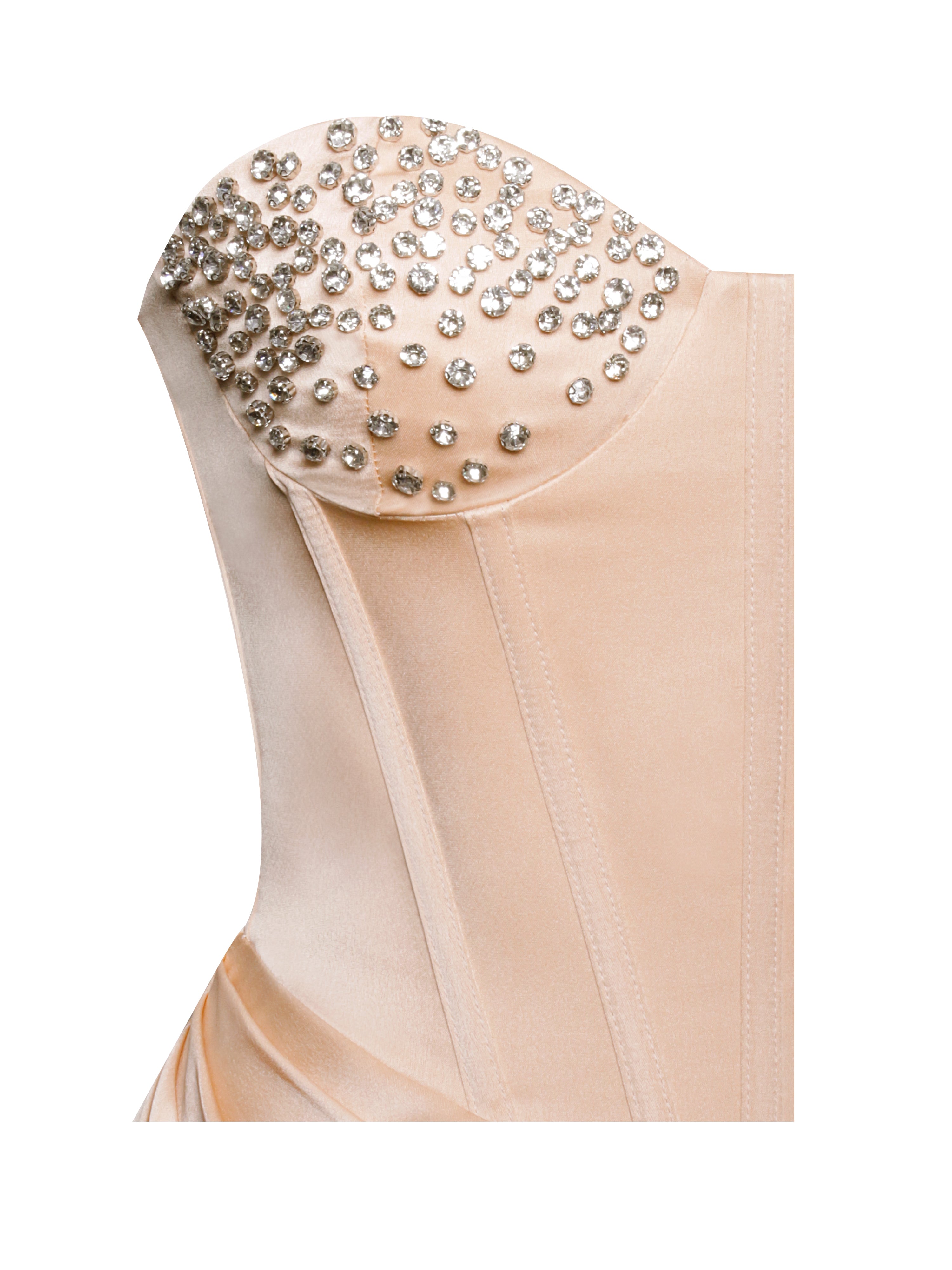 Amelia Blush Satin Corset Slit Gown With Crystal Embellished