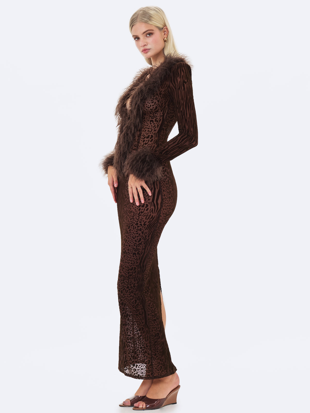Luana Brown Plunging Fur Trimmed Burnout Mesh Maxi Dress